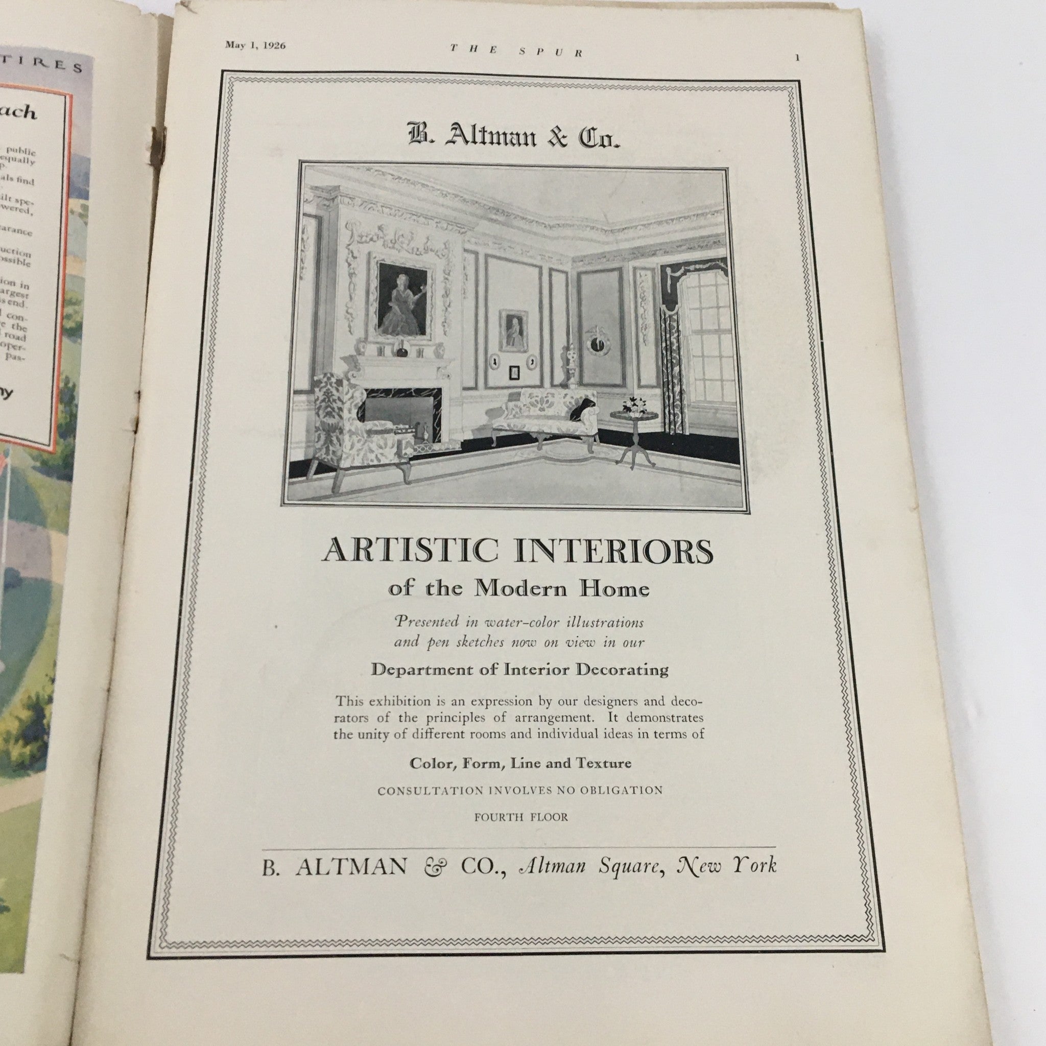 VTG The Spur Magazine May 1 1926 - Page featuring an advertisement for B. Altman & Co. with artistic interiors.