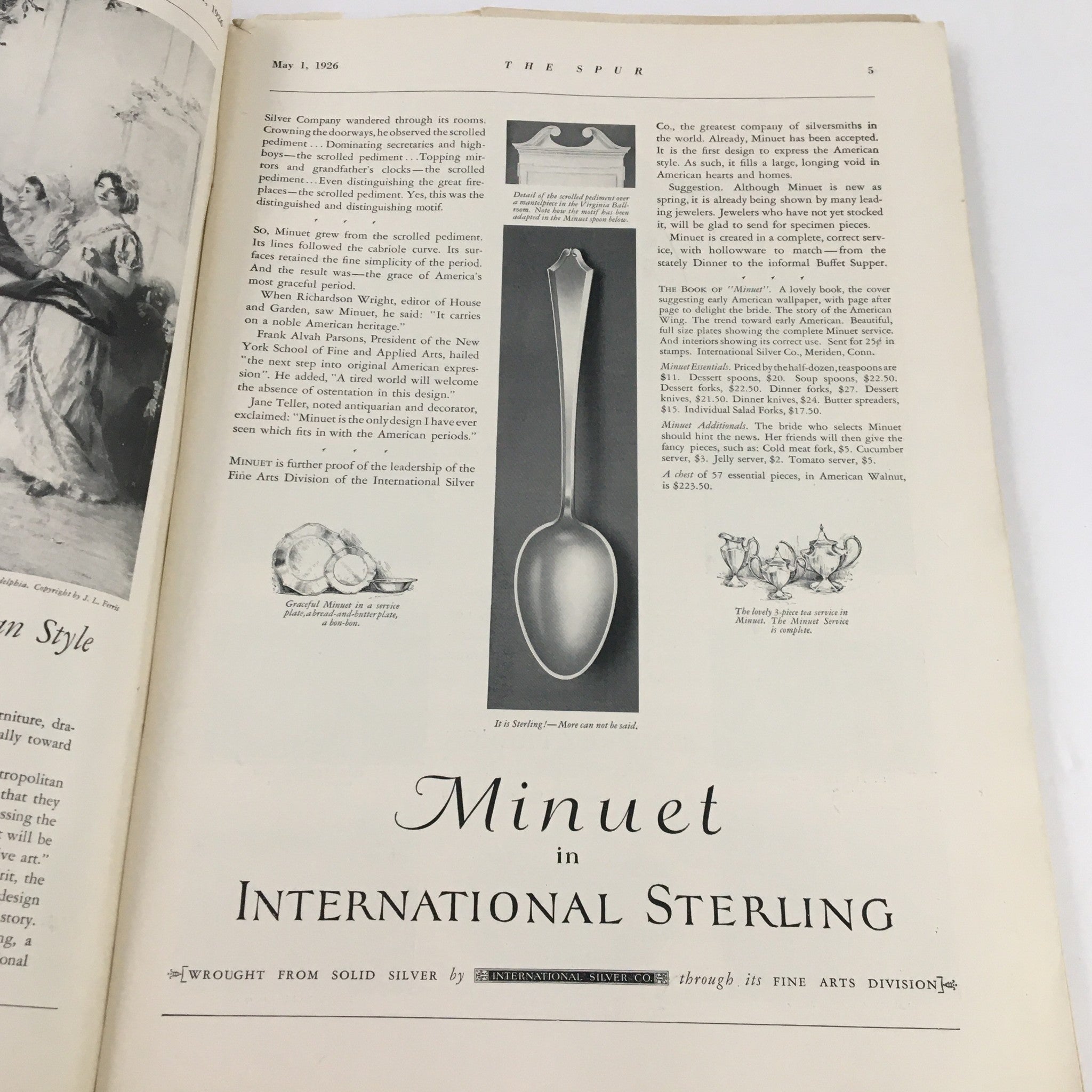VTG The Spur Magazine May 1 1926 - Page displaying an advertisement for Minuet in International Sterling silver.