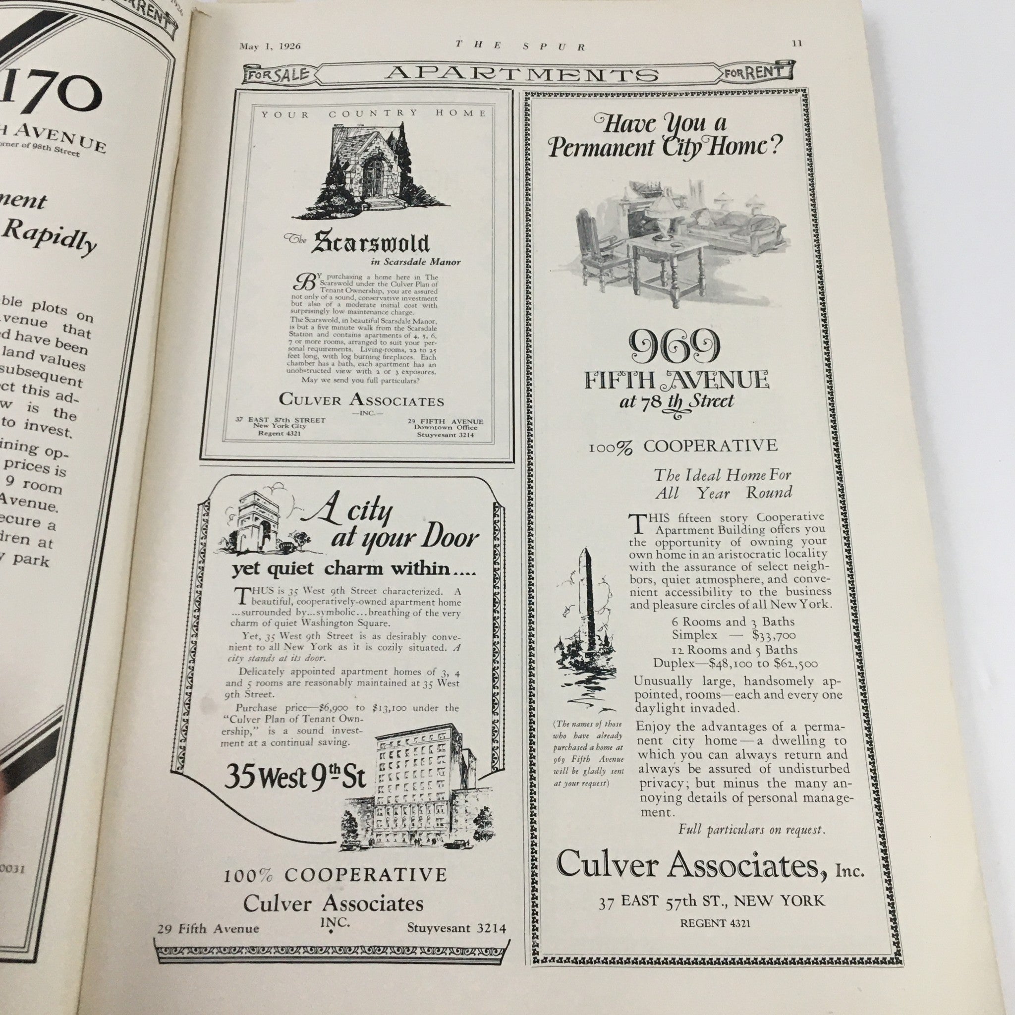 VTG The Spur Magazine May 1 1926 - Page showcasing apartment advertisements for 100% cooperative living.