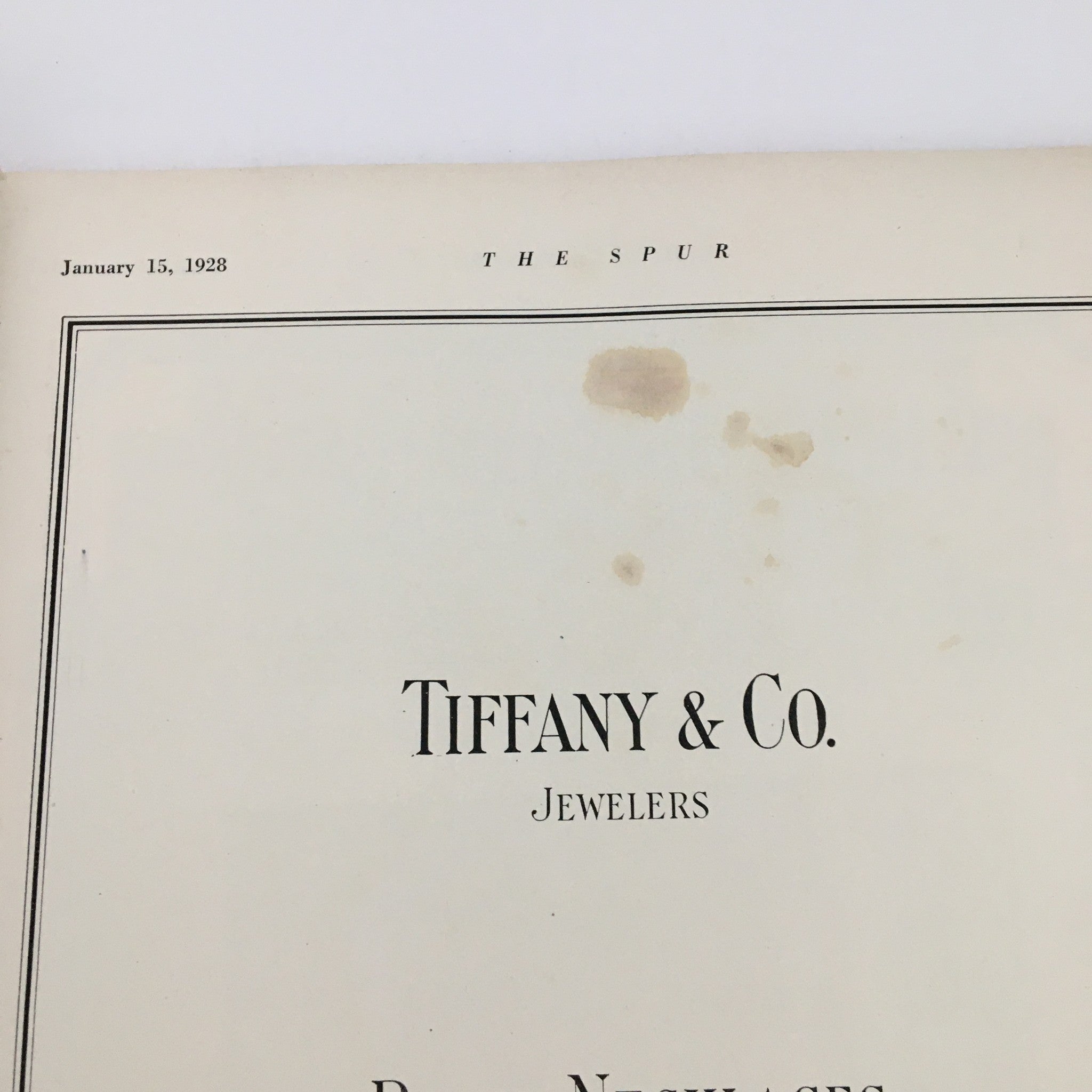 Interior page of VTG The Spur Magazine January 15 1928 showcasing an advertisement for Tiffany & Co. Jewelers.