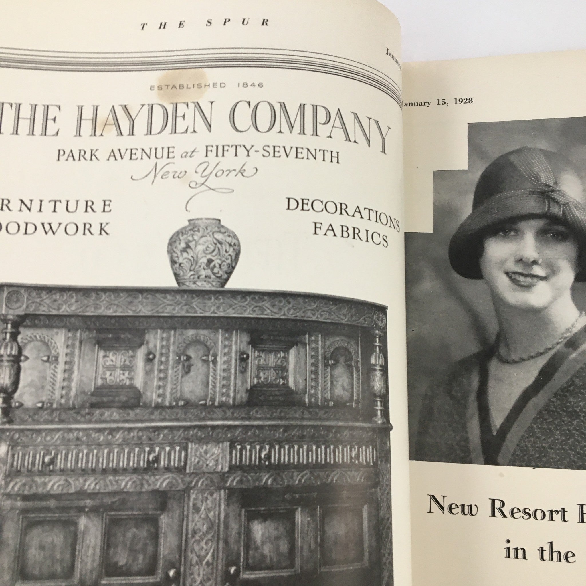 Interior page of VTG The Spur Magazine January 15 1928 displaying an advertisement for The Hayden Company, featuring furniture and a vintage photograph of a woman.