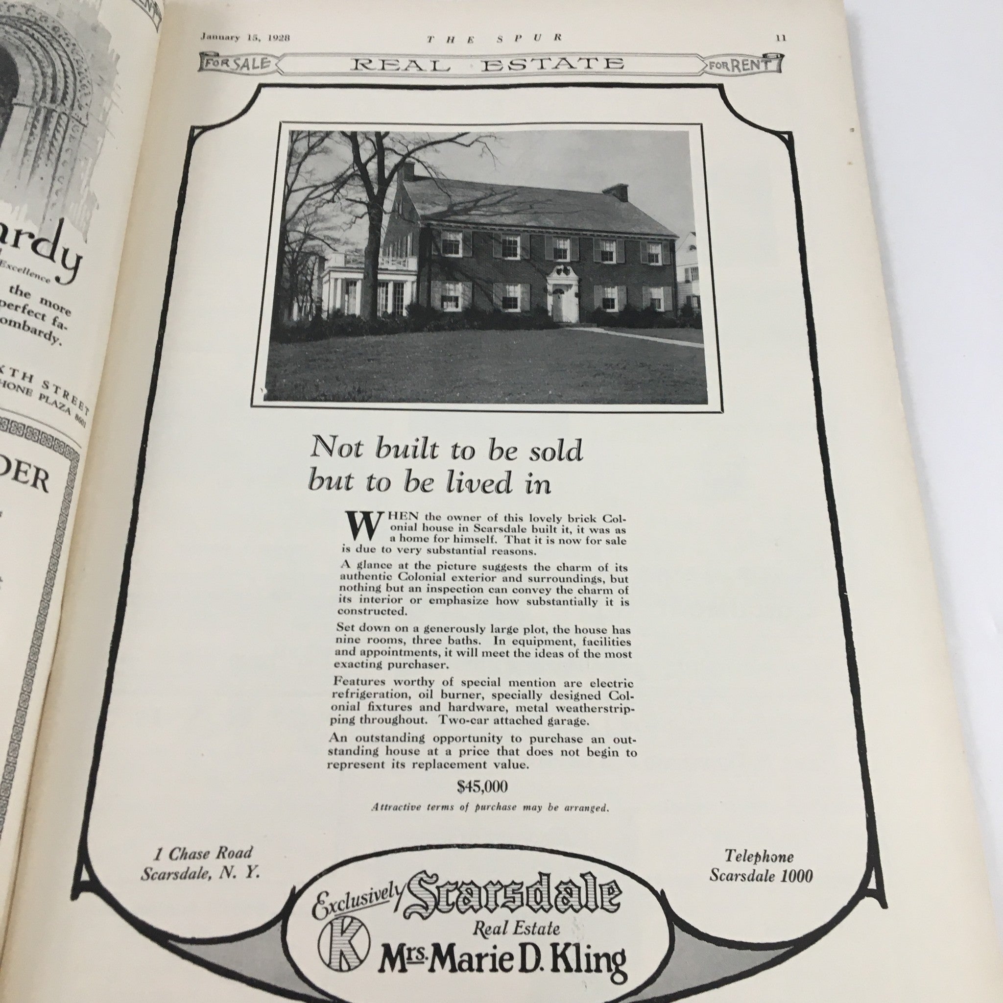Interior page of VTG The Spur Magazine January 15 1928 with a real estate advertisement describing a Colonial house for sale.