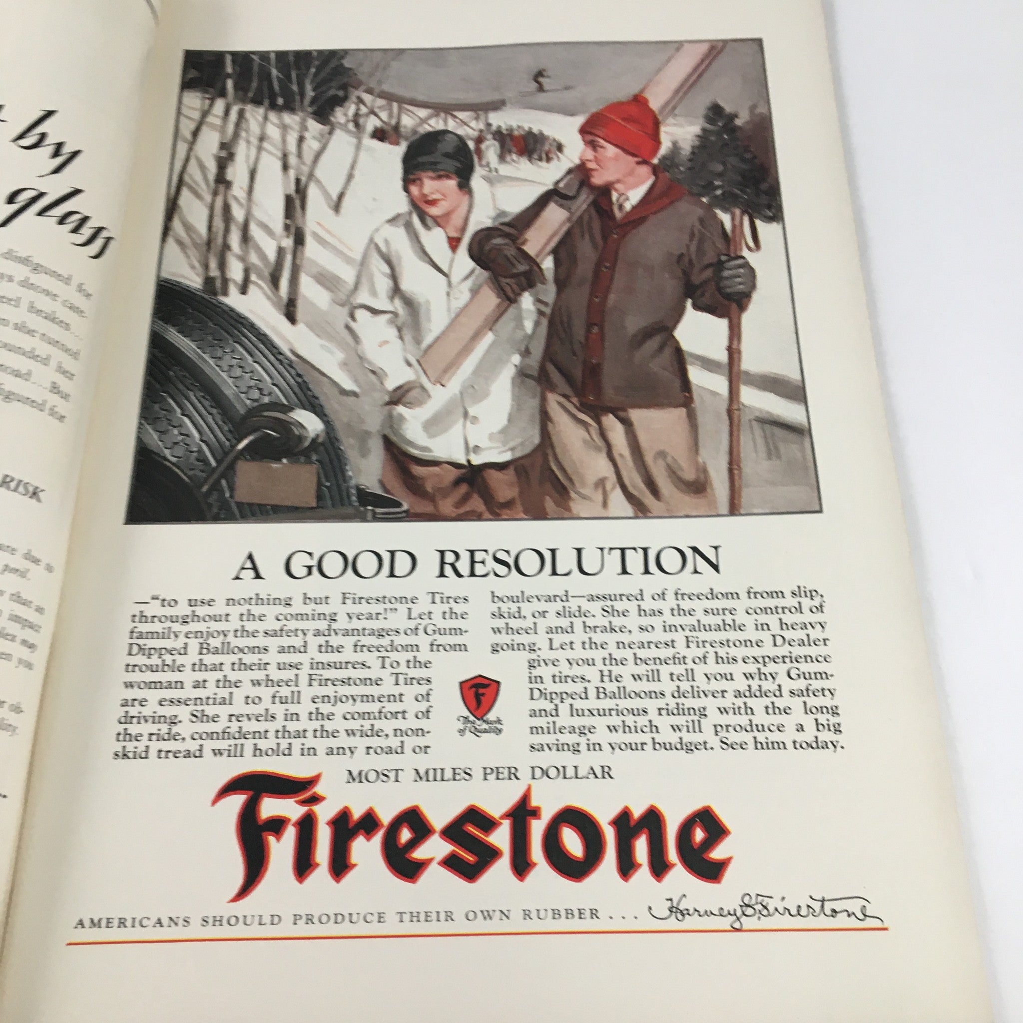 Interior page of VTG The Spur Magazine January 15 1928 featuring a vintage advertisement for Firestone Tires with a winter scene.