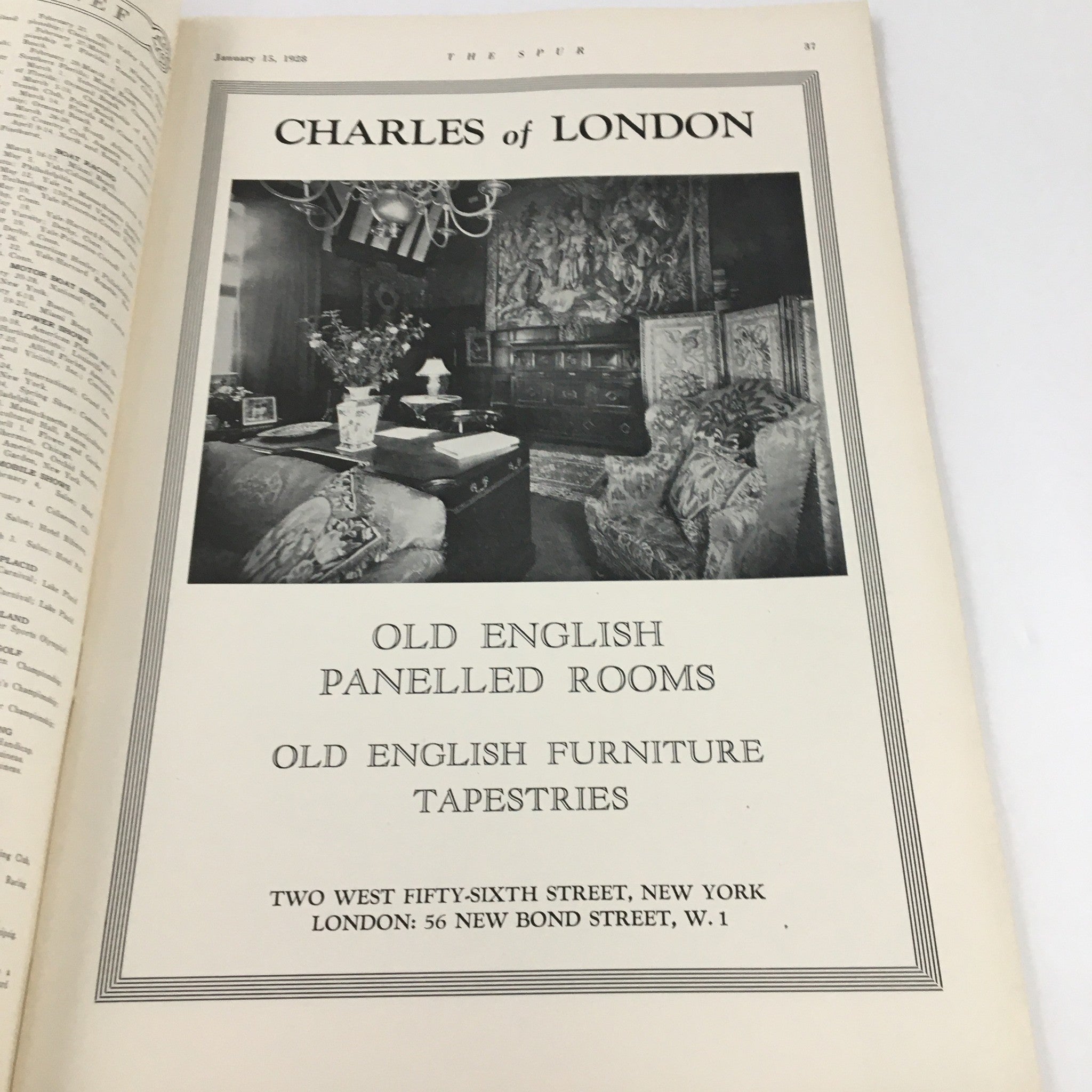 VTG The Spur Magazine January 15 1928 - An advertisement featuring Old English furniture detailing richly decorated interior with a chandelier and floral centerpiece.