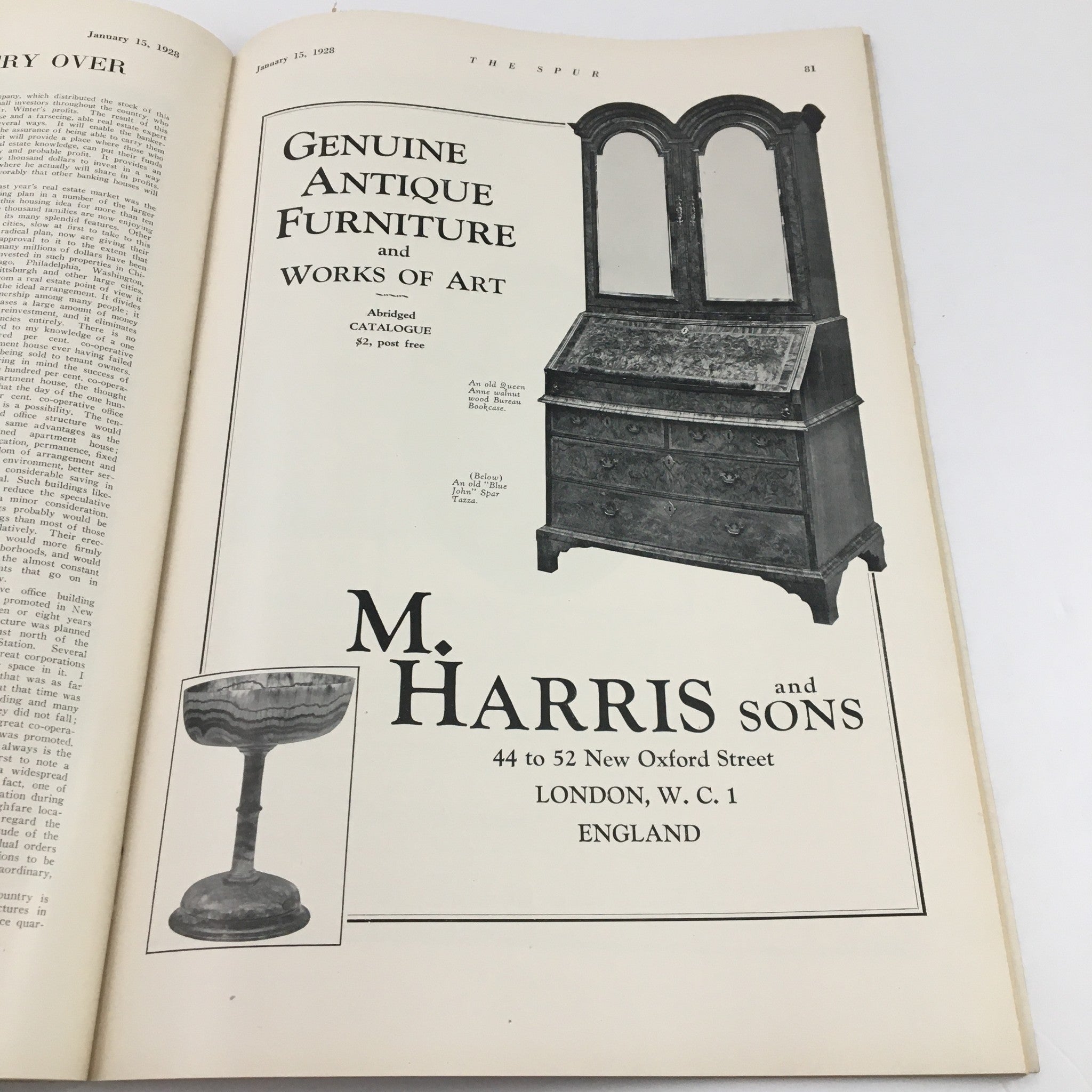 VTG The Spur Magazine January 15 1928 - An advertisement for M. Harris and Sons showcasing genuine antique furniture with a stylish secretary desk and an ornate stand.