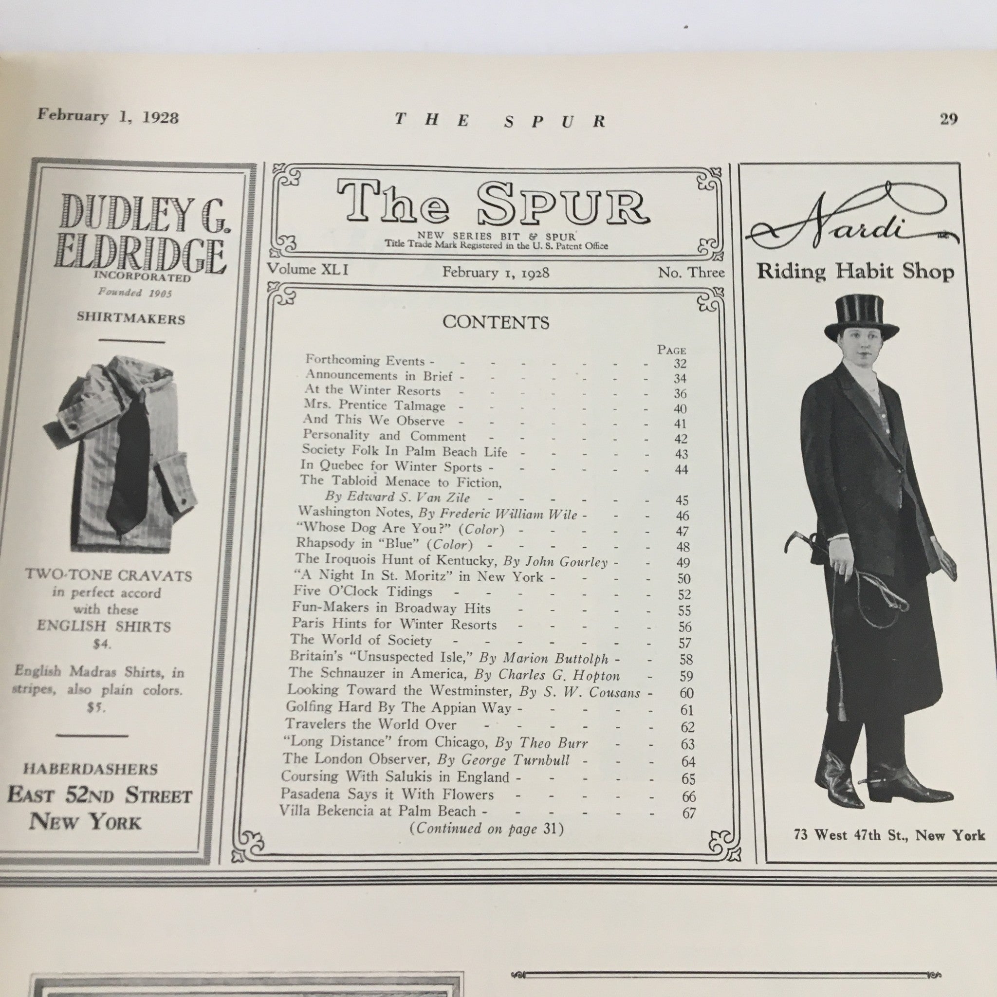 Contents page of The Spur Magazine February 1 1928, listing articles including 'The Schnauzer in America' alongside advertisements for various products and services of the time.