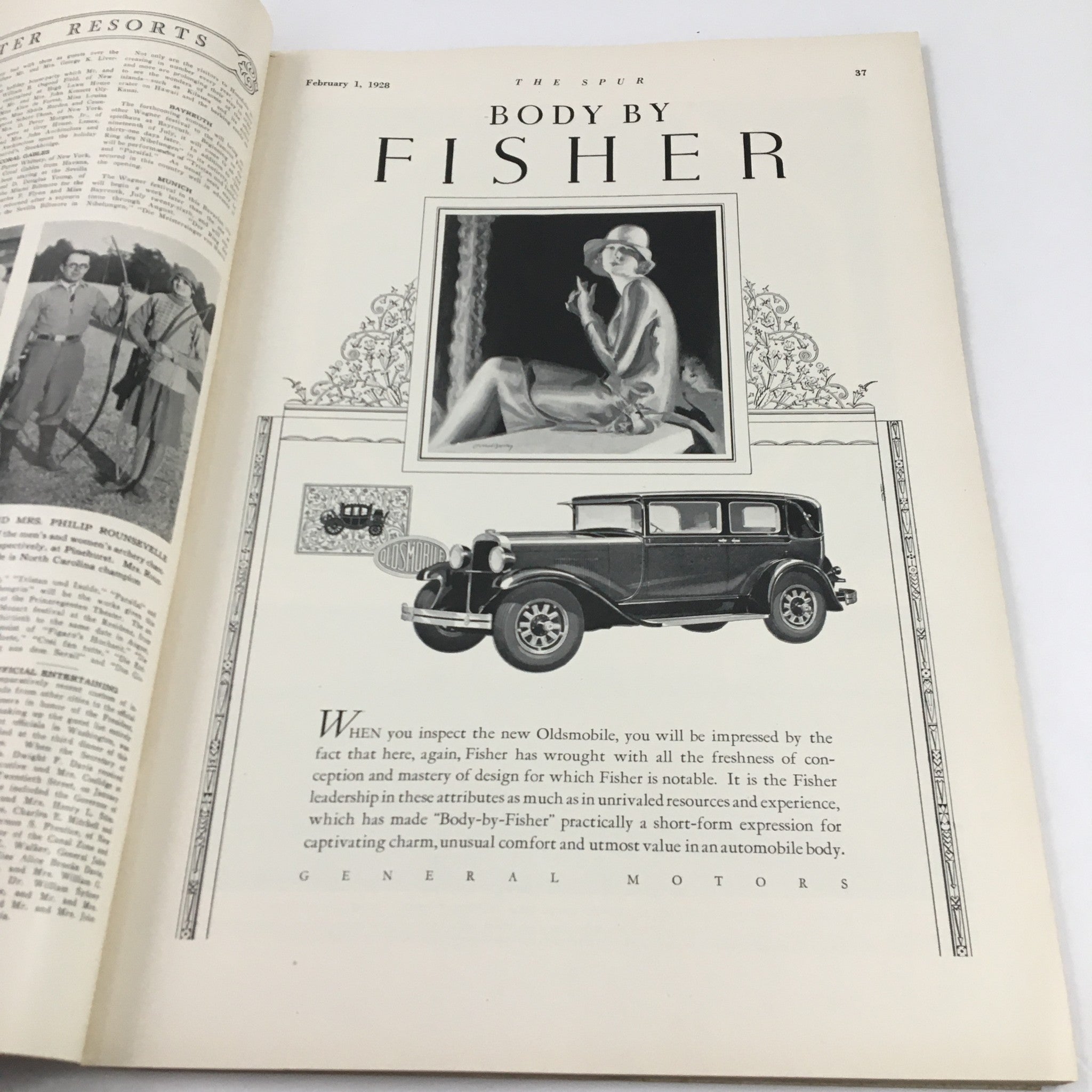 Page from The Spur Magazine February 1 1928 displaying an advertisement for 'Body by Fisher', featuring an illustration and a vintage car, exemplifying the design aesthetics of the 1920s.