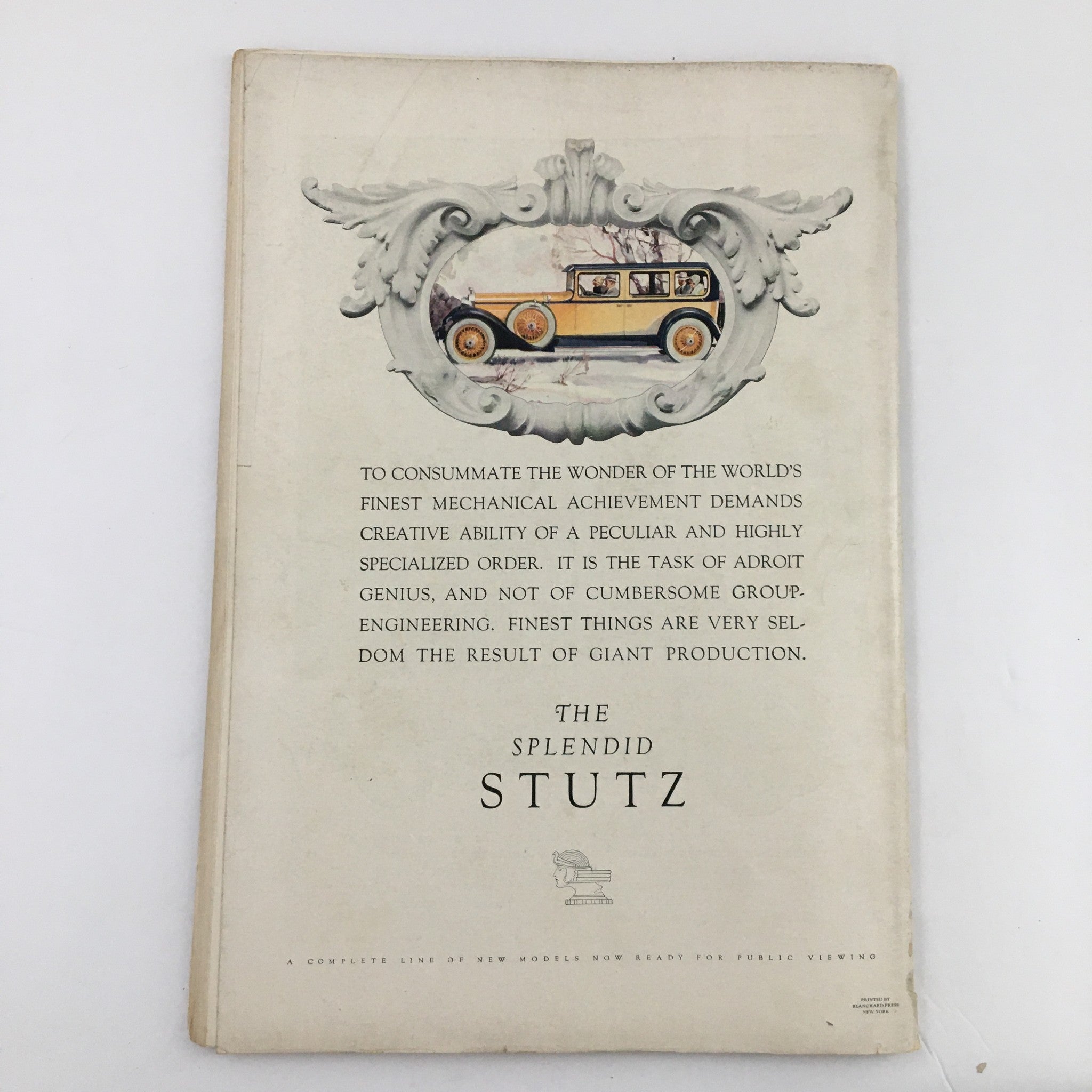 Back cover of The Spur Magazine February 1 1928 highlighting a detailed advertisement for the 'Stutz' automobile, emphasizing craftsmanship and engineering excellence.