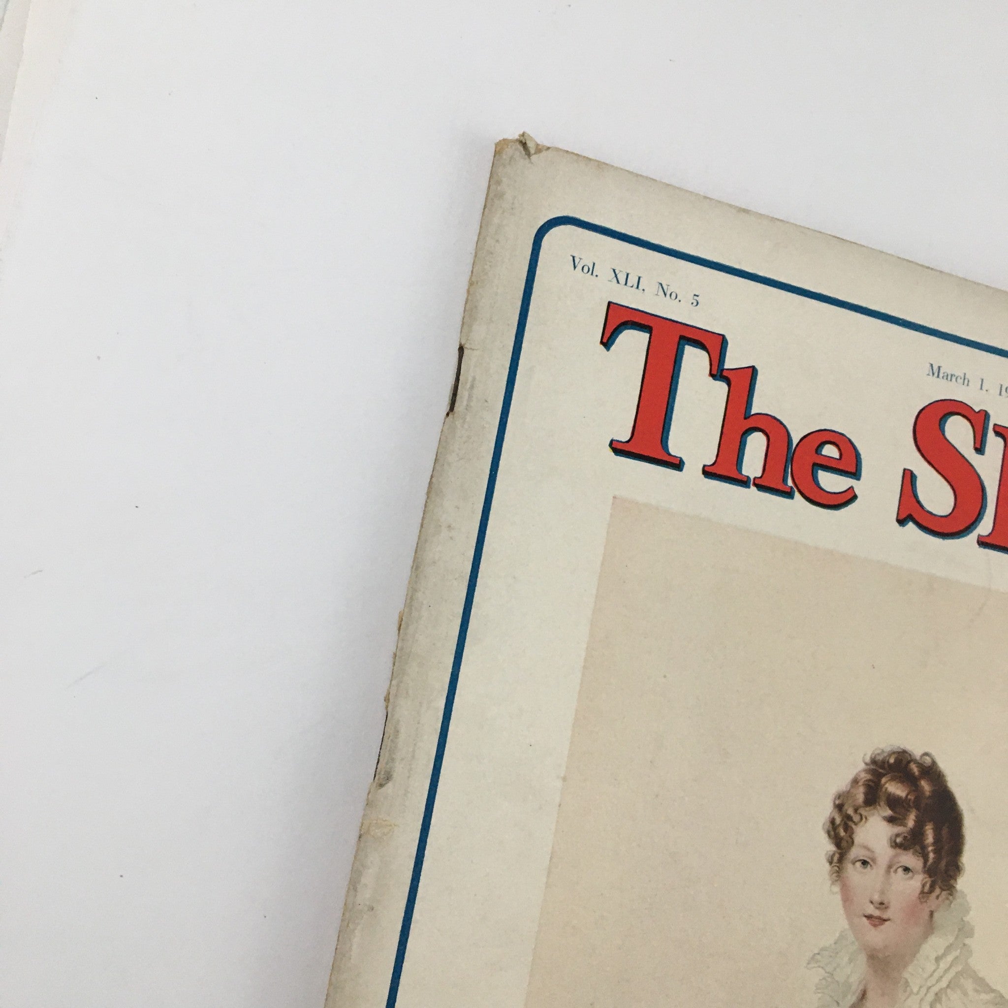Close-up of the top corner of the cover of VTG The Spur Magazine March 1 1928 displaying the magazine title and date, highlighting its vintage value.