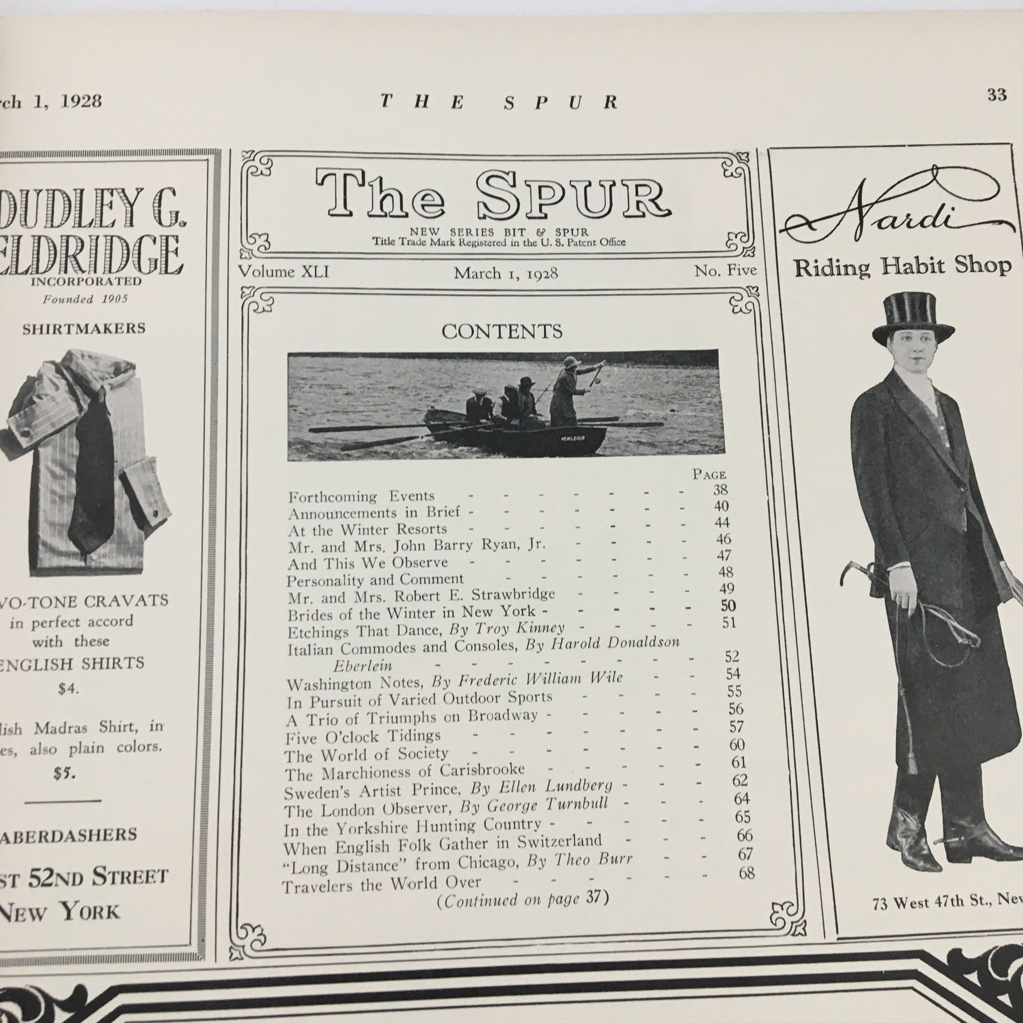 Content page of VTG The Spur Magazine March 1 1928 featuring a list of articles and features, emphasizing the historical context of hunting in the magazine.