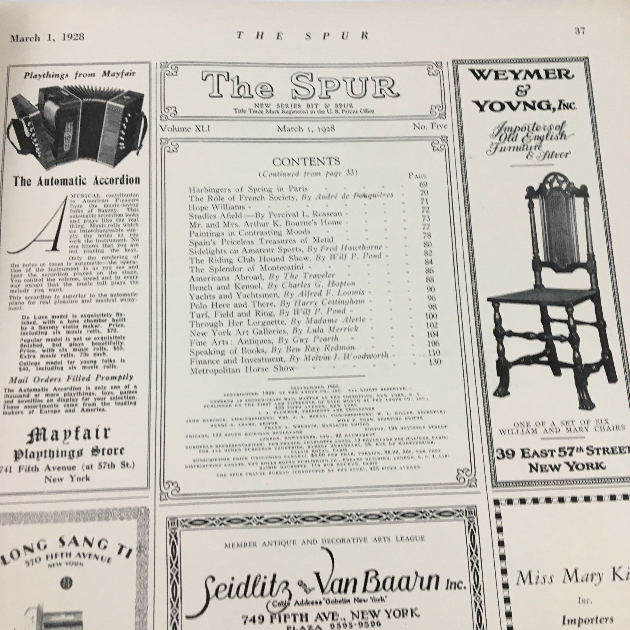 Interior page of VTG The Spur Magazine March 1 1928 featuring the table of contents and advertisements from the Yorkshire Hunting Country.