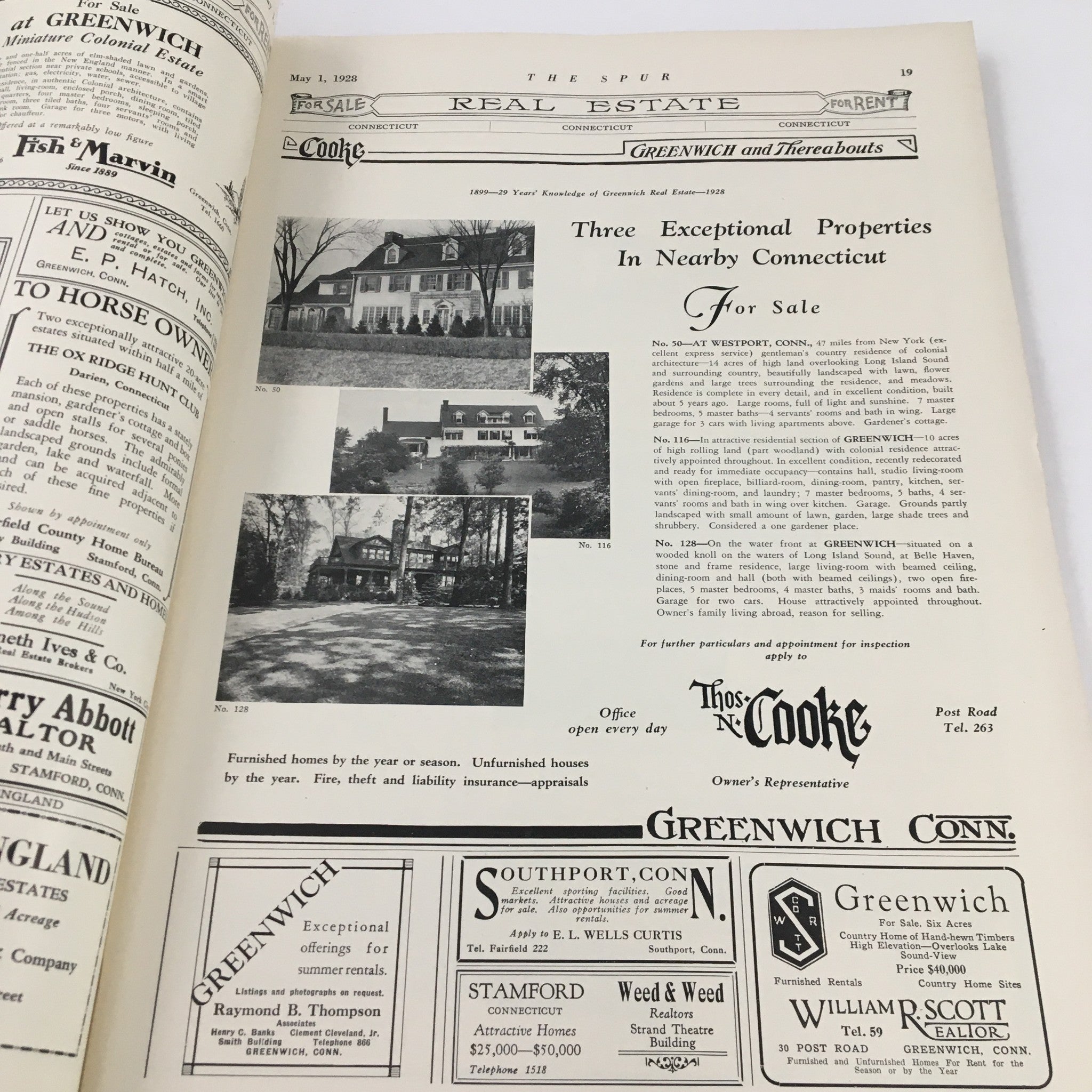 Real estate listings in VTG The Spur Magazine May 1 1928 highlighting exceptional properties in Greenwich, Connecticut.