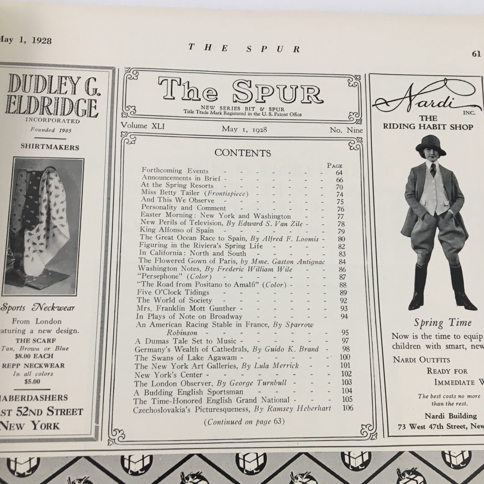 Interior page of VTG The Spur Magazine May 1 1928, featuring the table of contents and various article titles.