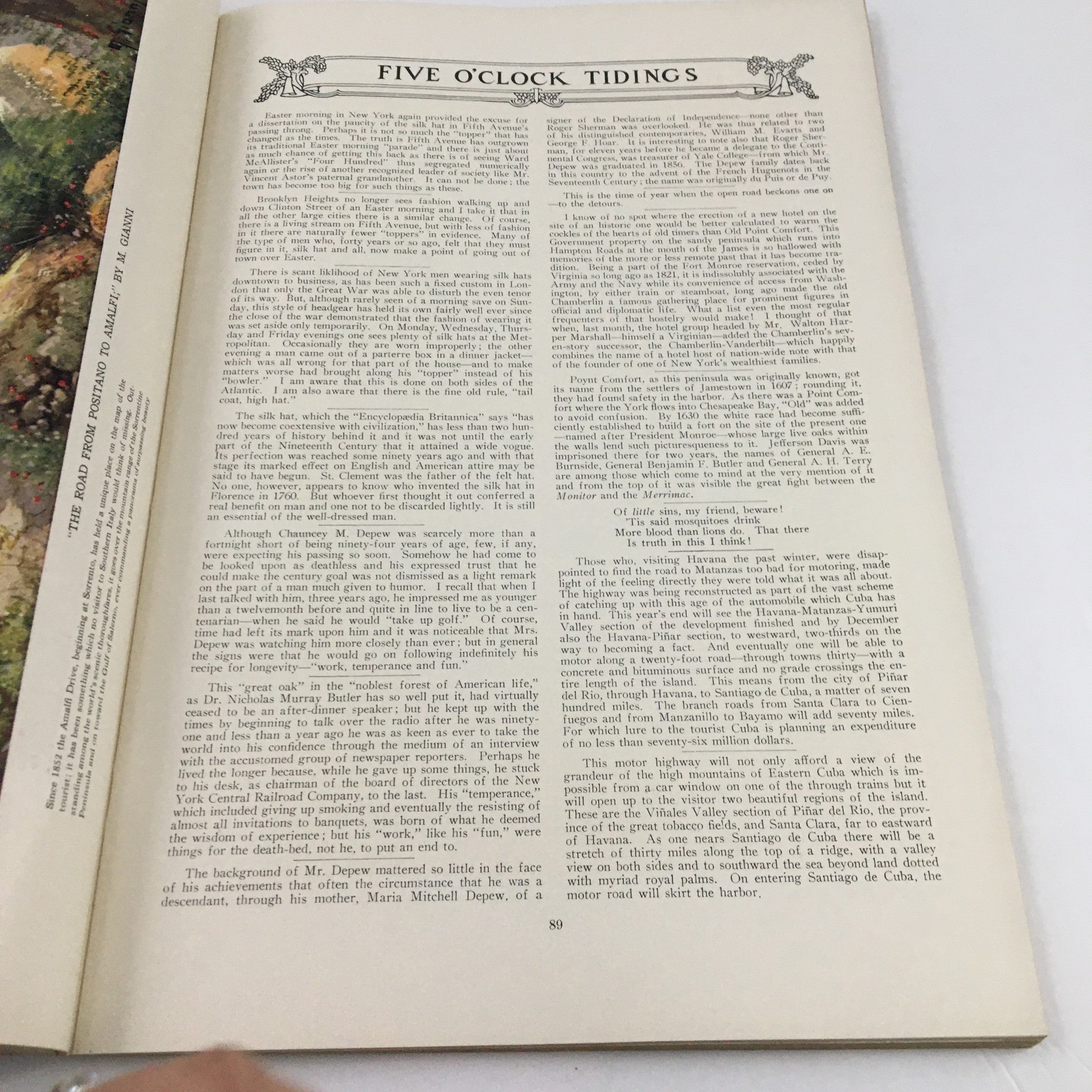 Page from VTG The Spur Magazine May 1 1928, displaying an article titled 'Five O'Clock Tidings' with historical text.