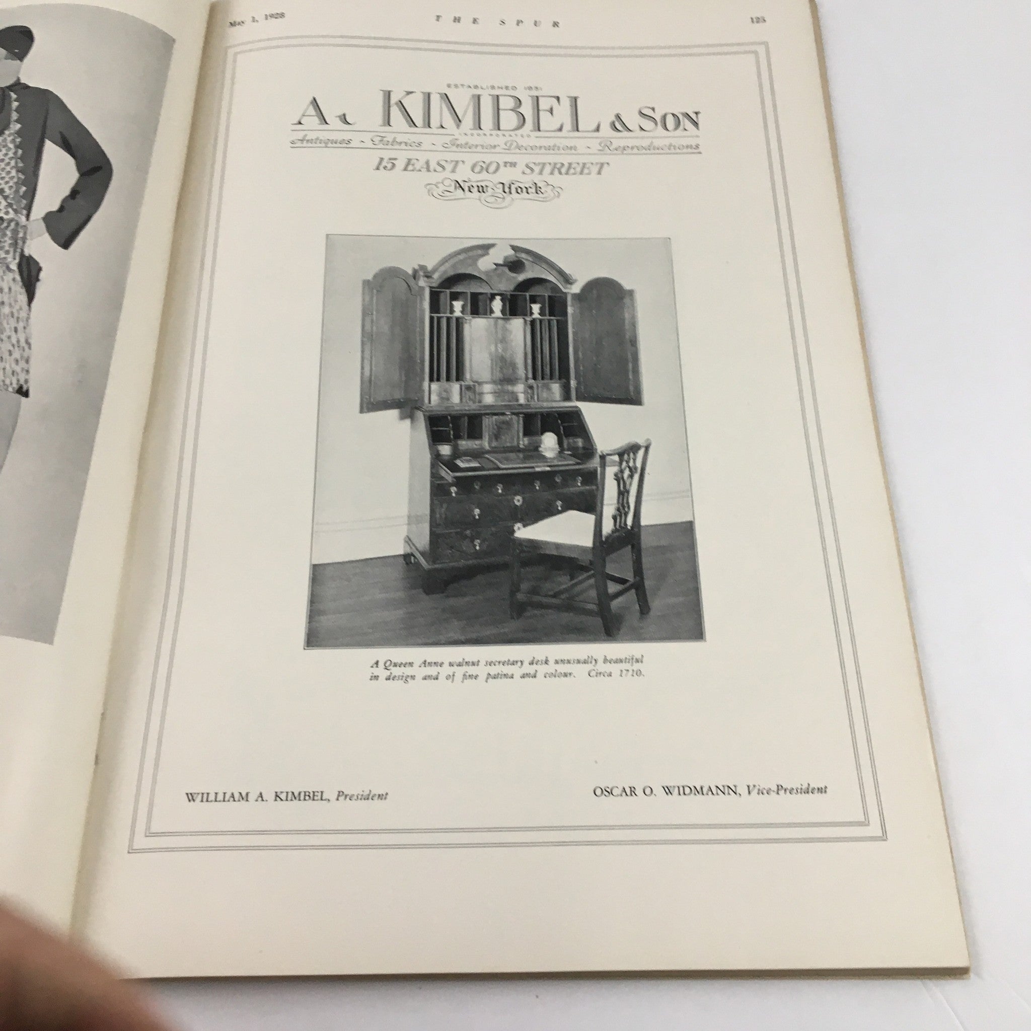 Advertisement page from VTG The Spur Magazine May 1 1928, showcasing furniture by A. Kimbel & Son.