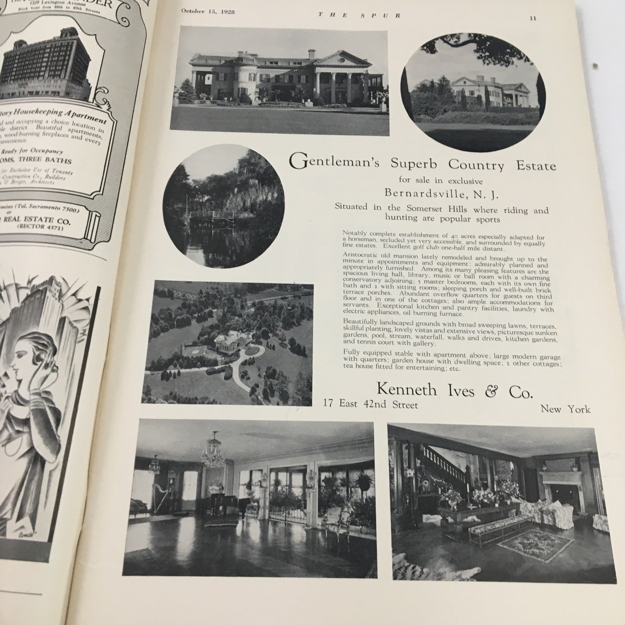 Interior page of VTG The Spur Magazine October 15, 1928 showcasing an advertisement for a gentleman's country estate in Bernardsville, N.J.