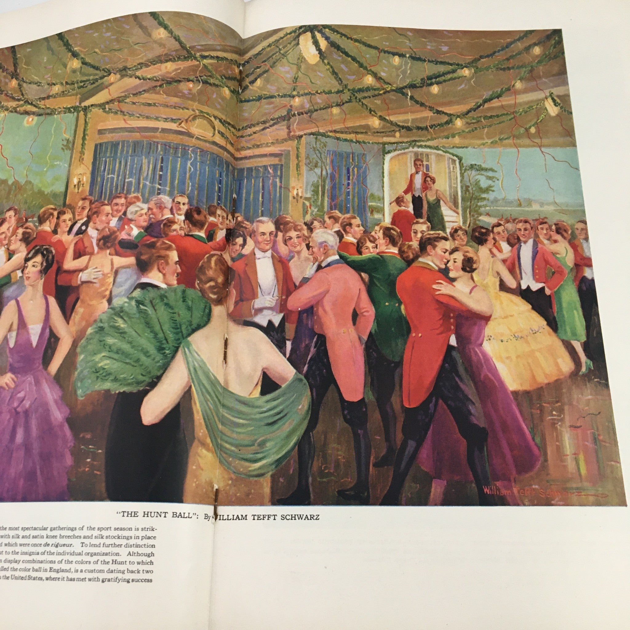 Double-page spread from VTG The Spur Magazine October 15, 1928 depicting 'The Hunt Ball' illustrated by William Tefft Schwarz, featuring elegantly dressed figures dancing.