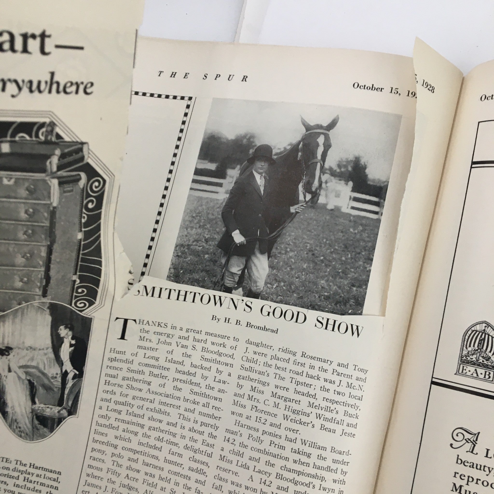 Article page from VTG The Spur Magazine October 15, 1928 discussing Smithtown's Good Show, with a historic photograph of a rider and horse.