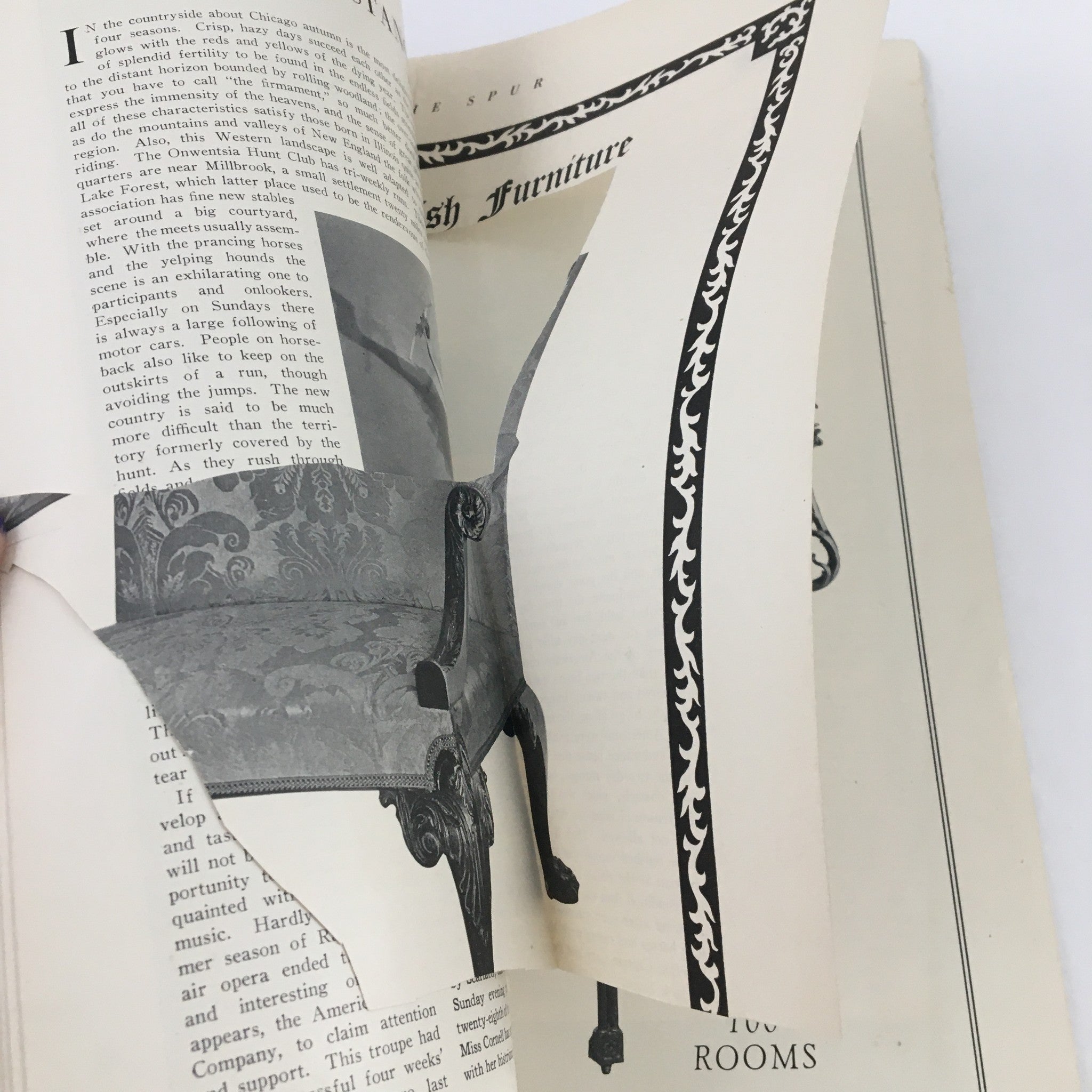 Page from VTG The Spur Magazine October 15, 1928 displaying an article about English furniture design, with an image of an ornate chair.