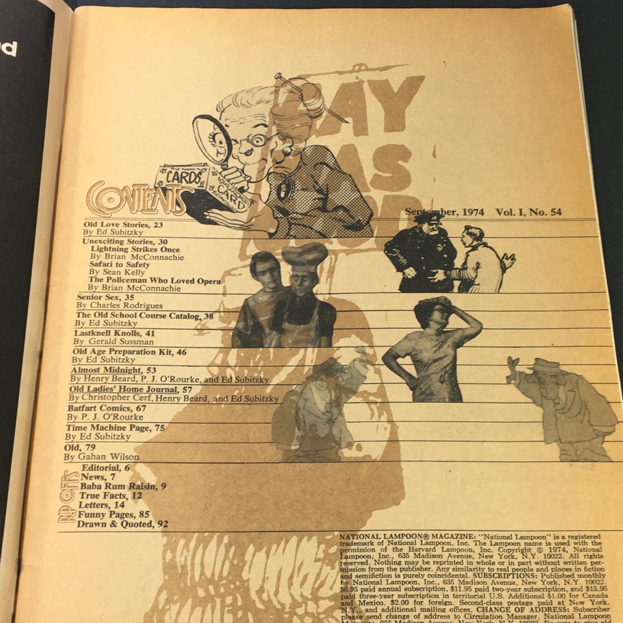Contents page of National Lampoon Magazine September 1974 Old Age Issue listing articles and sections including 'Old Love Stories' and 'Senior Sex,' reflecting the humor and satire characteristic of the magazine.