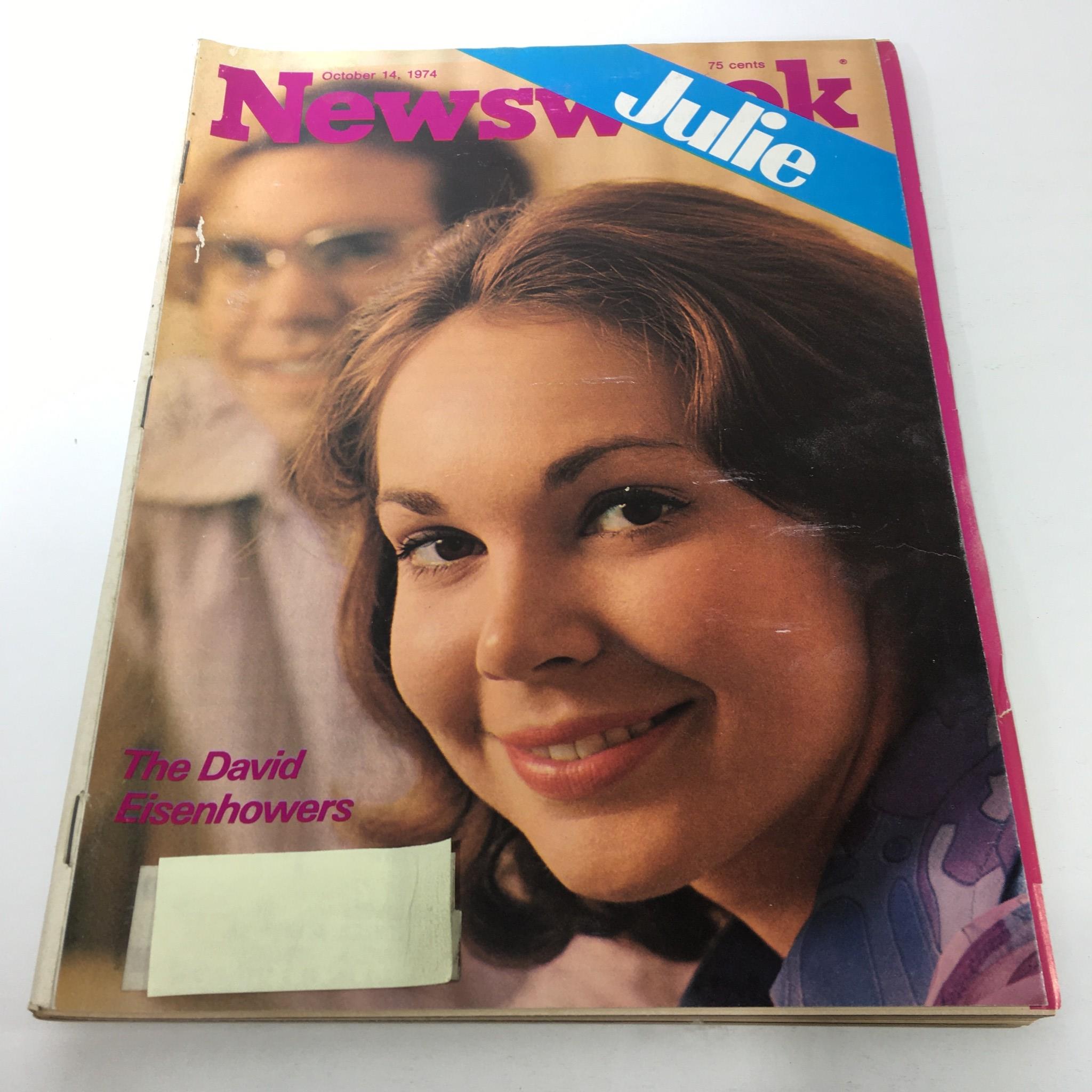 Cover of Newsweek Magazine from October 14, 1974, featuring Julie Eisenhower and the title 'The David Eisenhowers.' The magazine highlights an intriguing cover story. Vintage collectible in good condition.