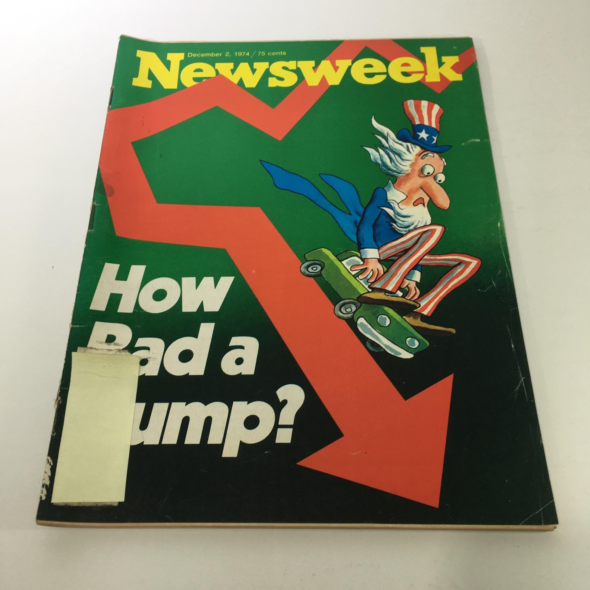 Cover of Newsweek Magazine dated December 2, 1974, featuring a cartoon Uncle Sam figure on a green background with an arrow pointing downwards and the text 'How Bad a Jump?' showcasing vintage design elements.