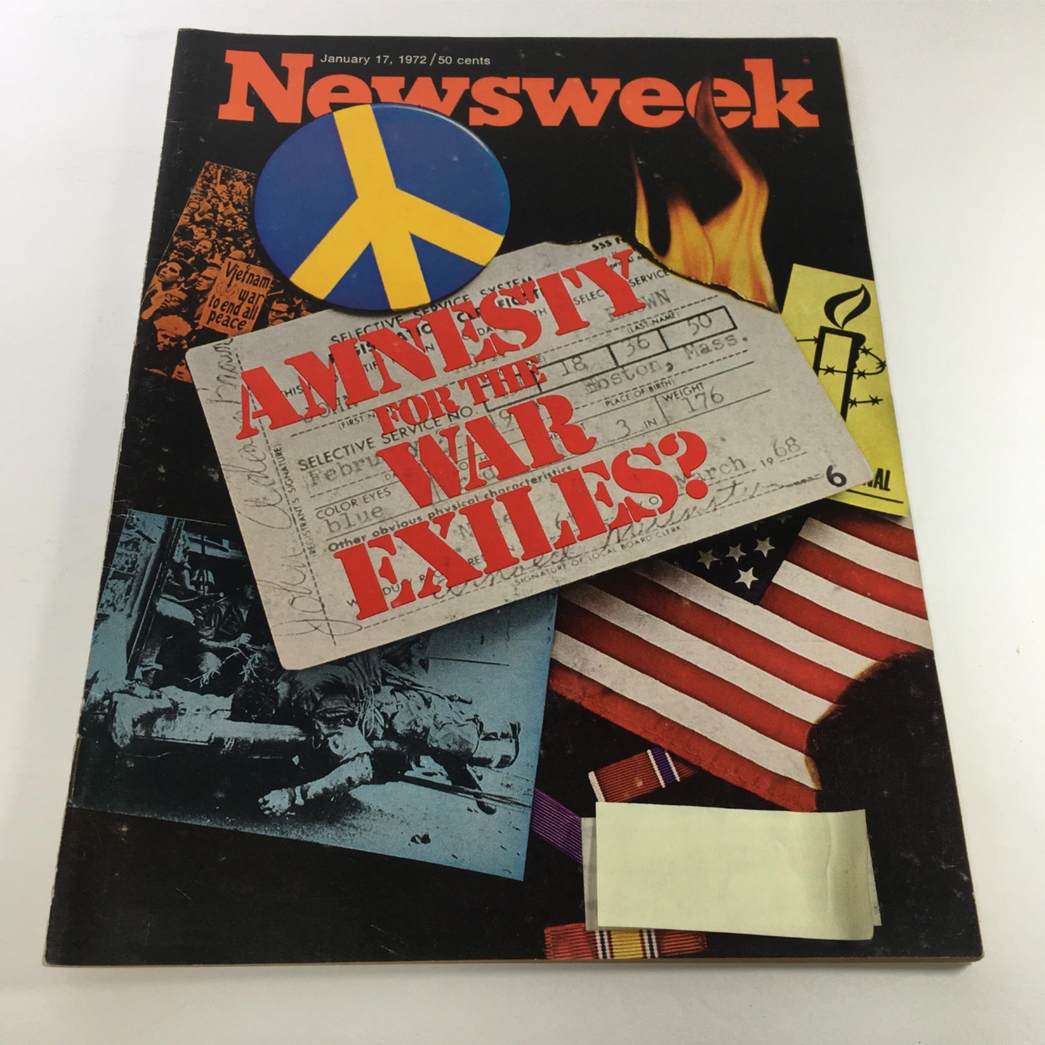 Cover of VTG Newsweek Magazine: January 17, 1972, featuring the headline 'Amnesty for the War Exiles?' with visual elements including a peace symbol, military imagery, and patriotic colors, capturing significant historical discourse.