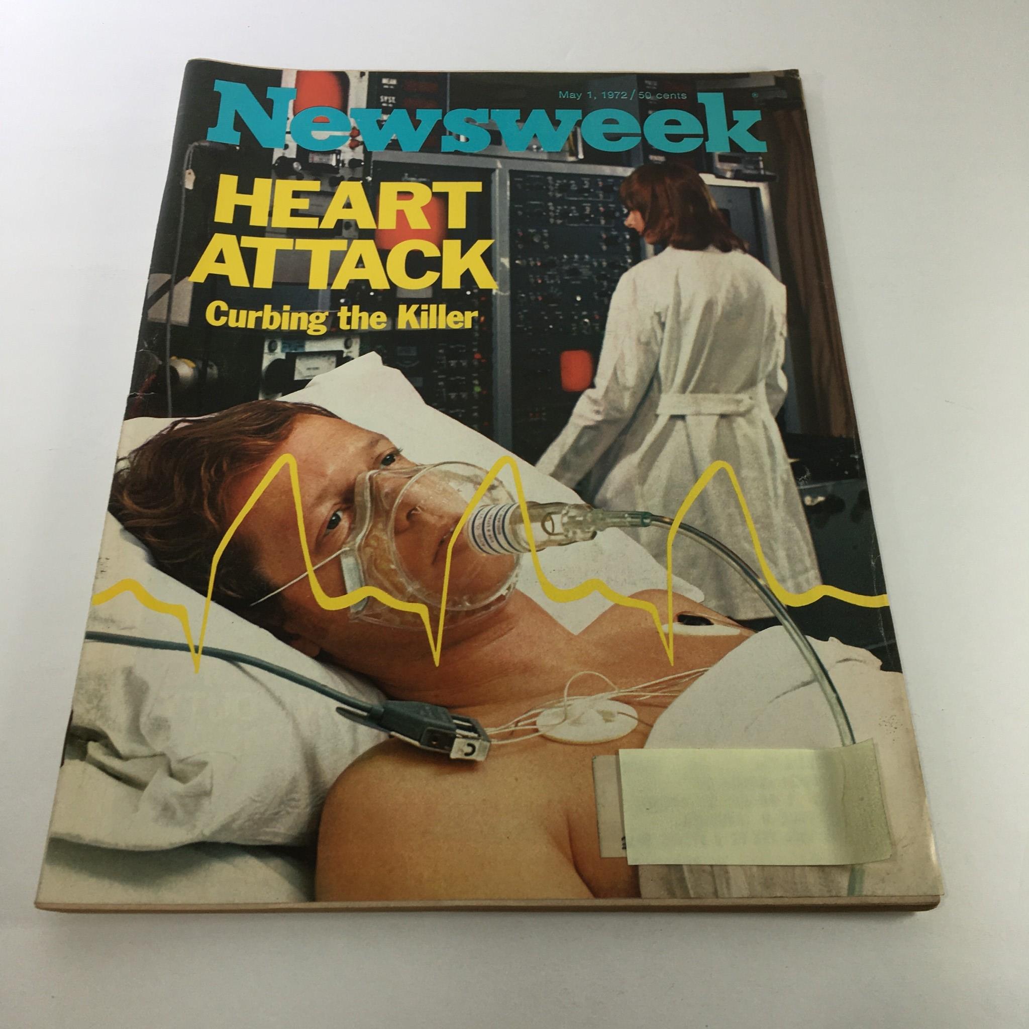 Newsweek Magazine cover from May 1, 1972, featuring the title 'Heart Attack: Curbing the Killer', showcasing a patient in medical care, with an image of heart rate monitor graphics in the background.