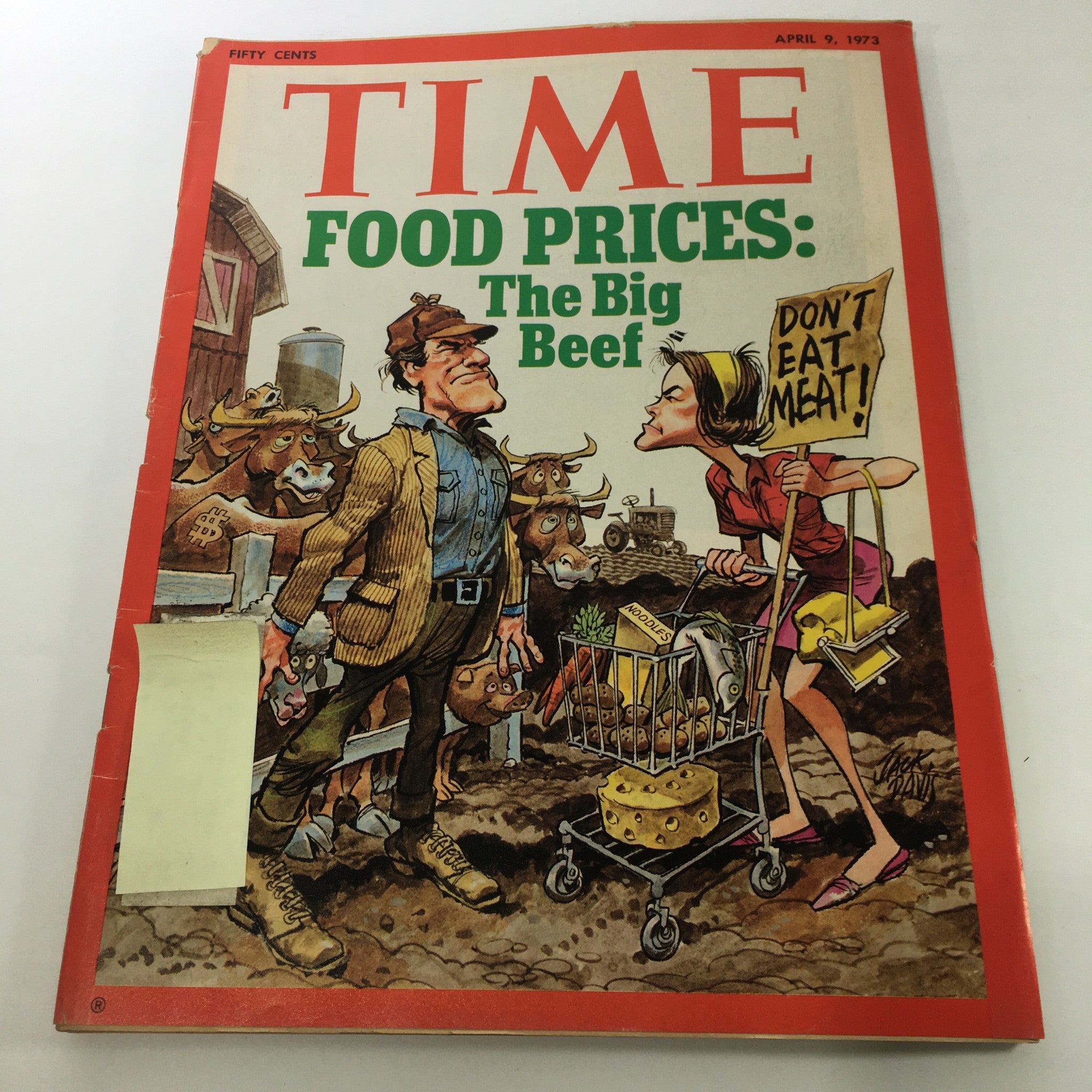 Cover of Time Magazine from April 9, 1973, featuring the title 'Food Prices: The Big Beef,' depicting a caricature of a farmer and a woman shopping with a cart full of groceries, symbolizing the discussion on food prices.