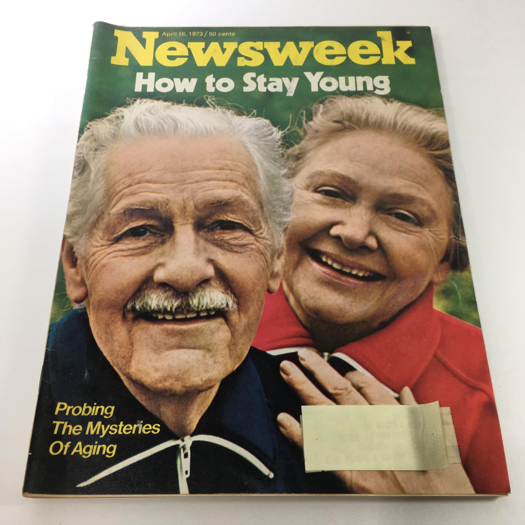 Cover of VTG Newsweek Magazine dated April 16, 1973, featuring the title 'Probing The Mysteries Of Aging,' with smiling elderly couple.