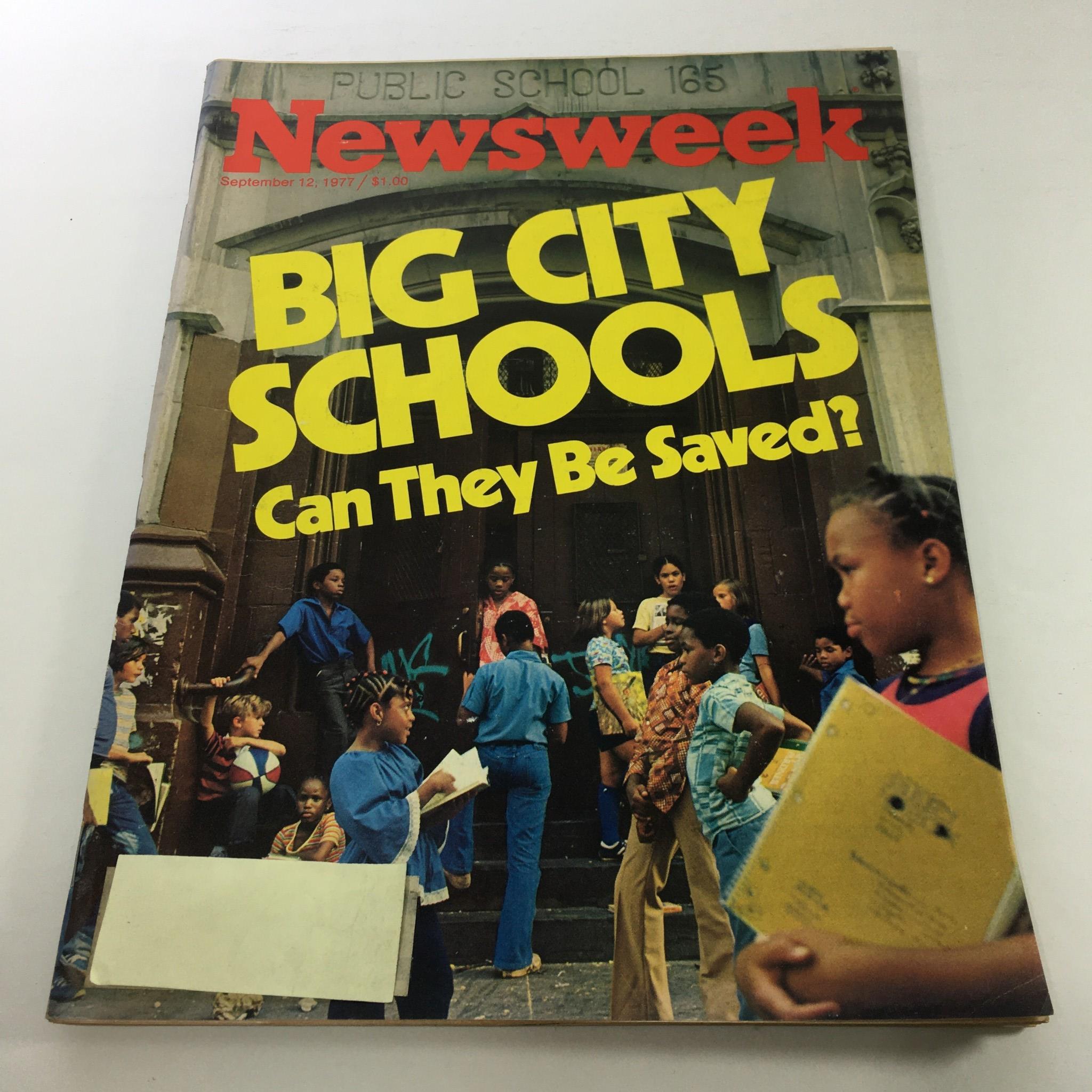 Cover of Newsweek Magazine dated September 12, 1977, featuring the title 'Big City Schools: Can They Be Saved?' displaying children gathered outside a school, highlighting urban education issues.