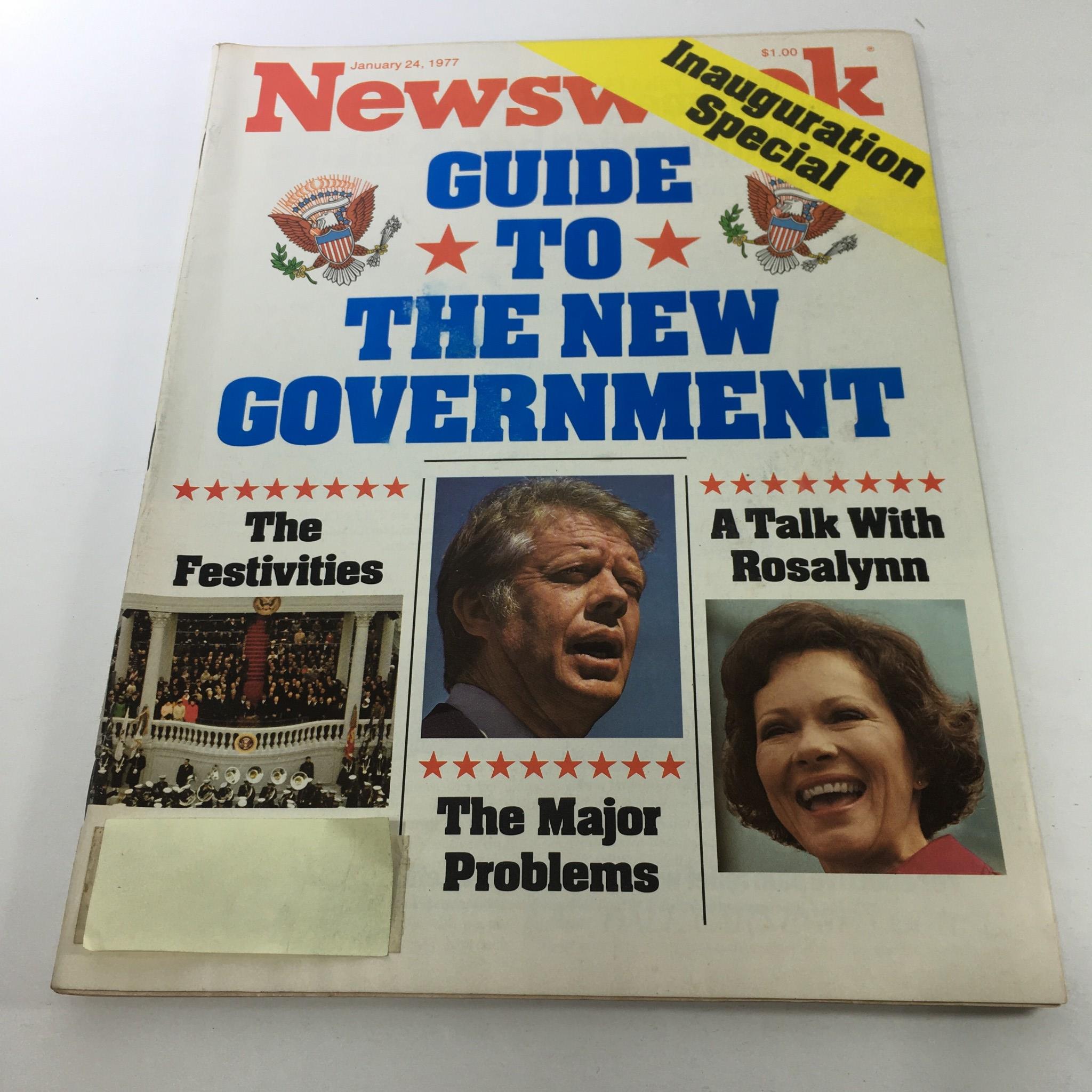 Cover of Newsweek Magazine: January 24, 1977 - Guide To The New Government featuring headlines about the inauguration, festivities, and issues facing the government, including images of political leaders and events.