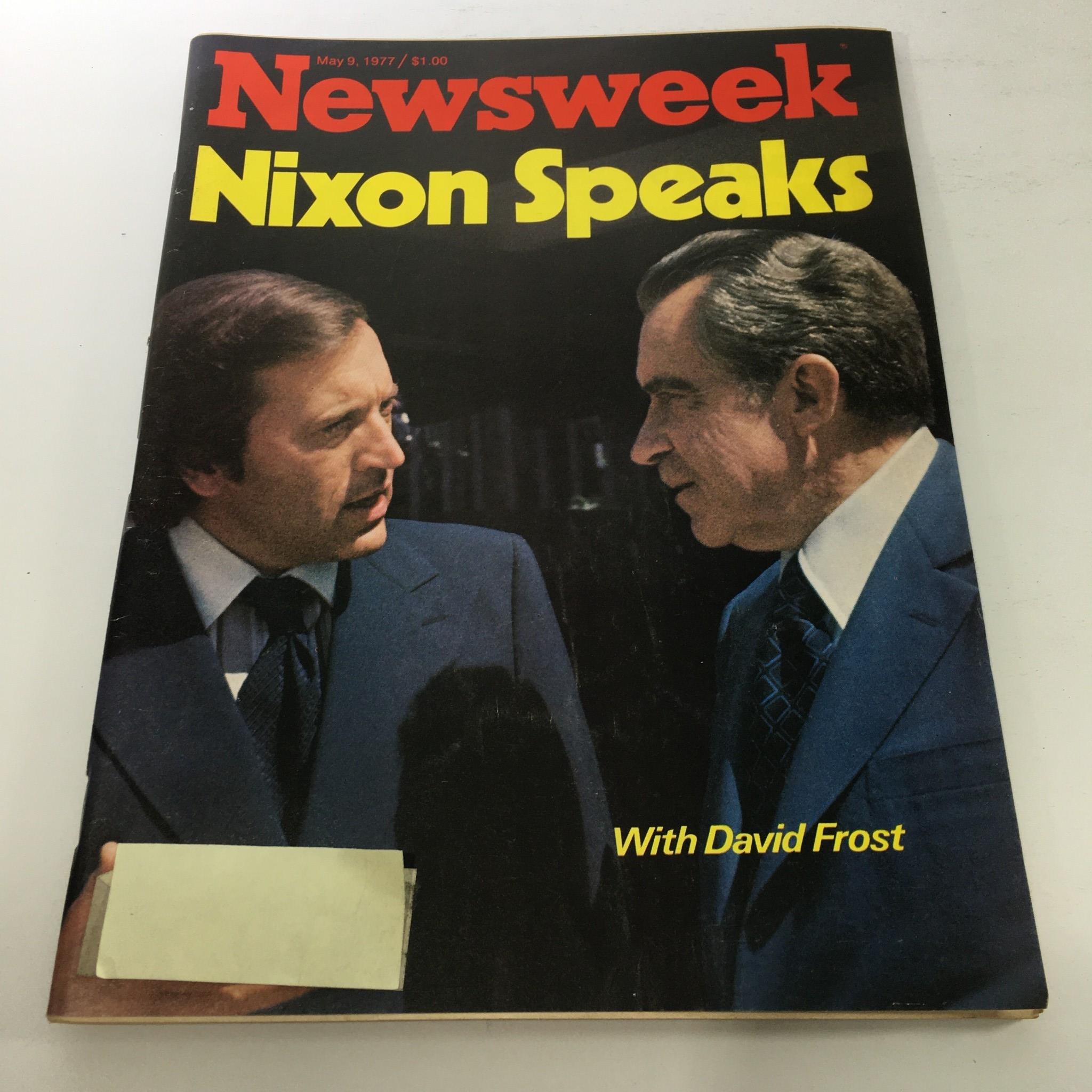 Newsweek Magazine cover from May 9, 1977, featuring Nixon Speaks with David Frost. The image showcases a close-up of Richard Nixon and David Frost engaged in conversation, symbolizing a historic interview that reflects on Nixon's presidency.