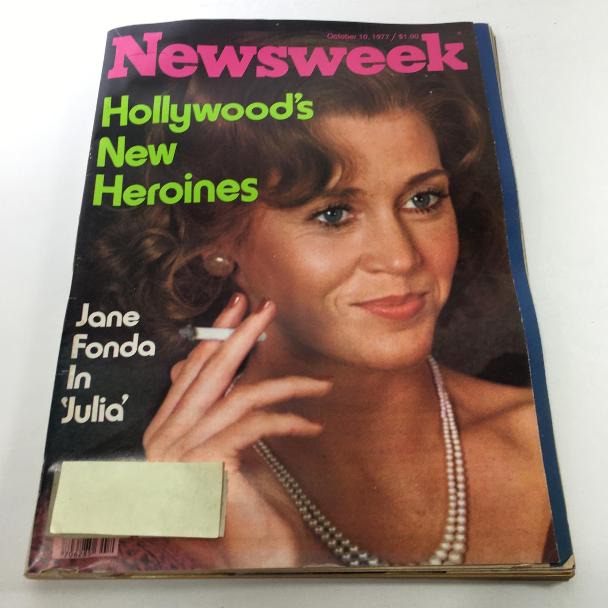 Cover of Newsweek Magazine, October 10, 1977, featuring Jane Fonda as part of the article about Hollywood's New Heroines, highlighting her iconic image with a cigarette and pearls.