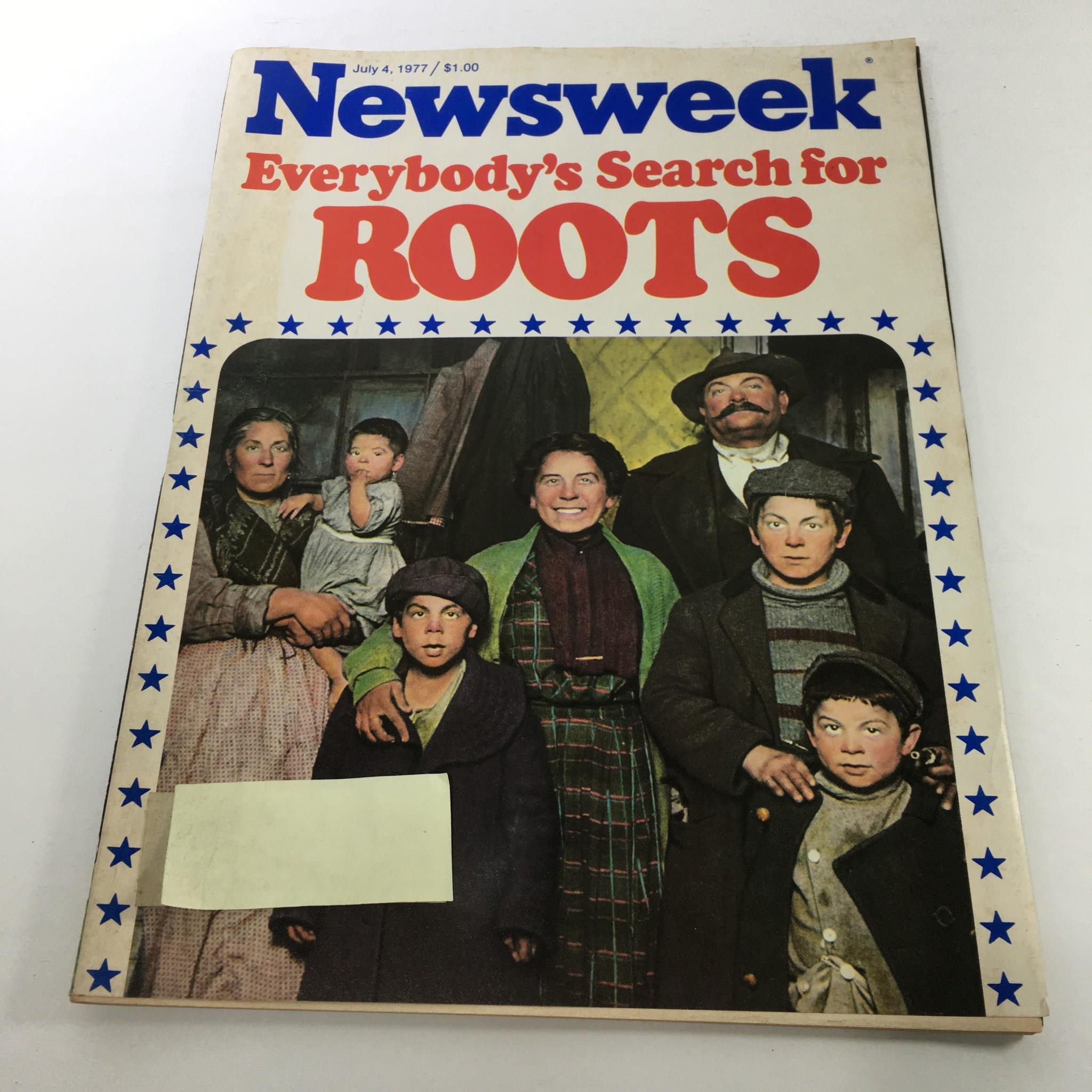 Cover of Newsweek Magazine: July 4, 1977, titled 'Everybody's Search for Roots', featuring a group of diverse people posed together, showcasing historical themes related to family and identity.