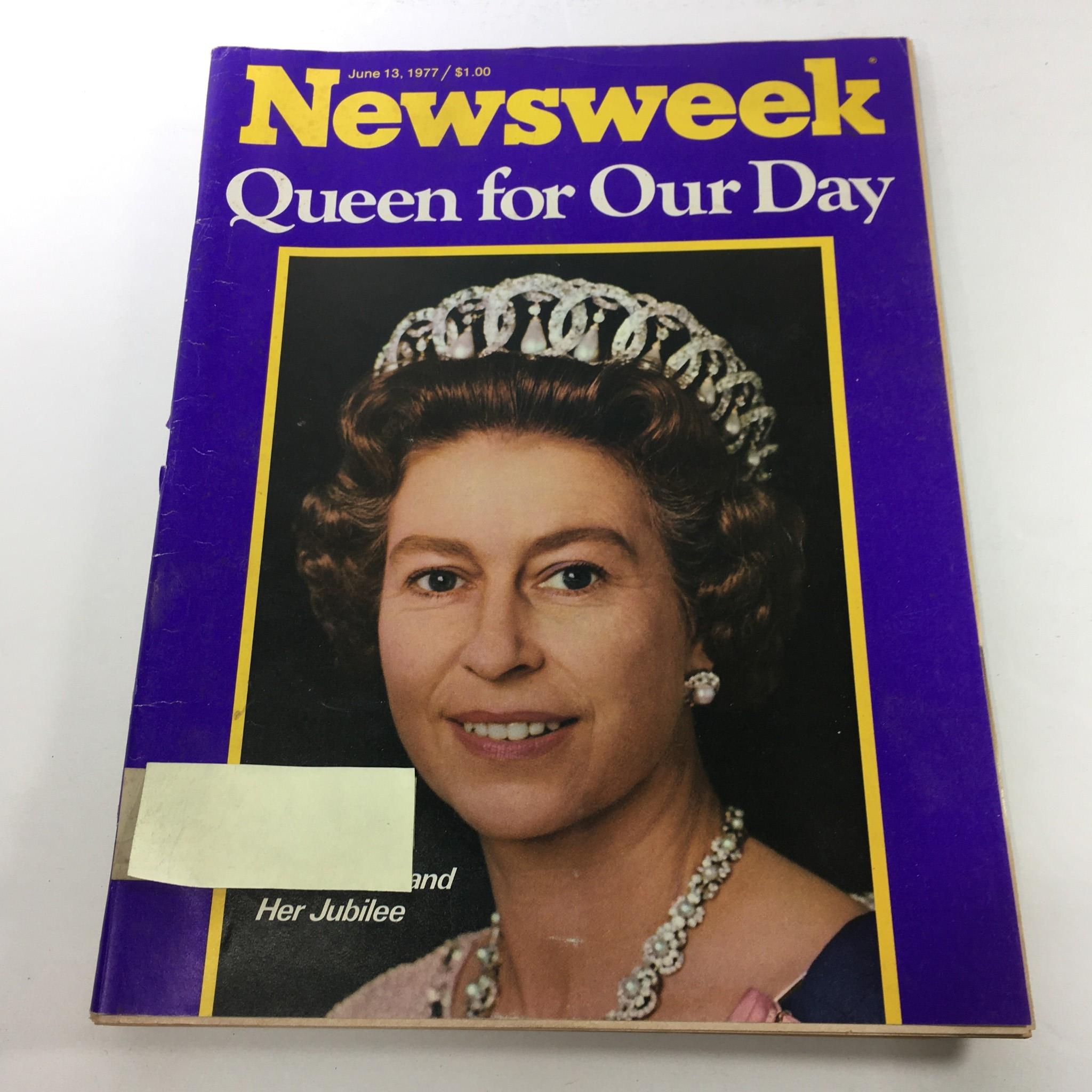 Newsweek Magazine cover from June 13, 1977, featuring Queen Elizabeth II, titled 'Queen for Our Day'. The magazine showcases the royal portrait against a vibrant purple background.
