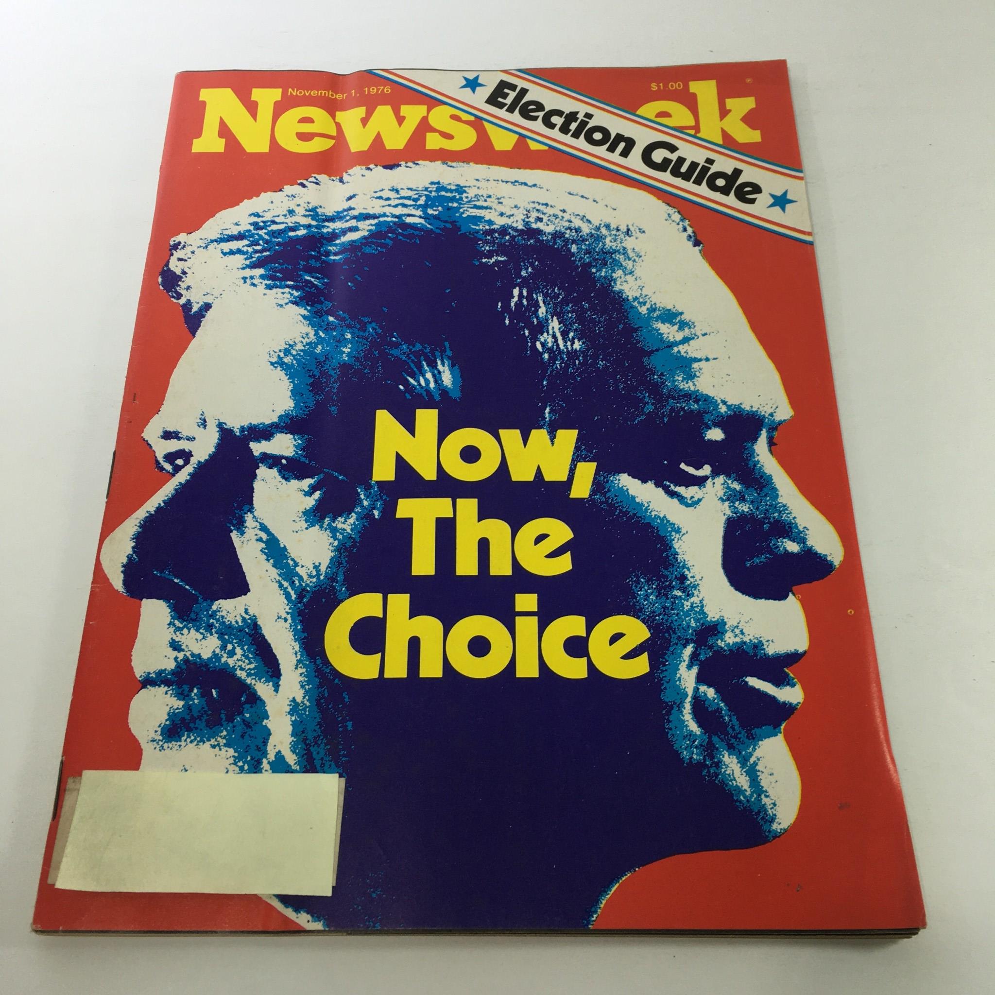 Cover of Newsweek Magazine, November 1, 1976, featuring the title 'Now, The Choice', showcasing a bold graphic design with two profiles. The magazine includes 'Election Guide' on the top banner, highlighting its historical relevance.