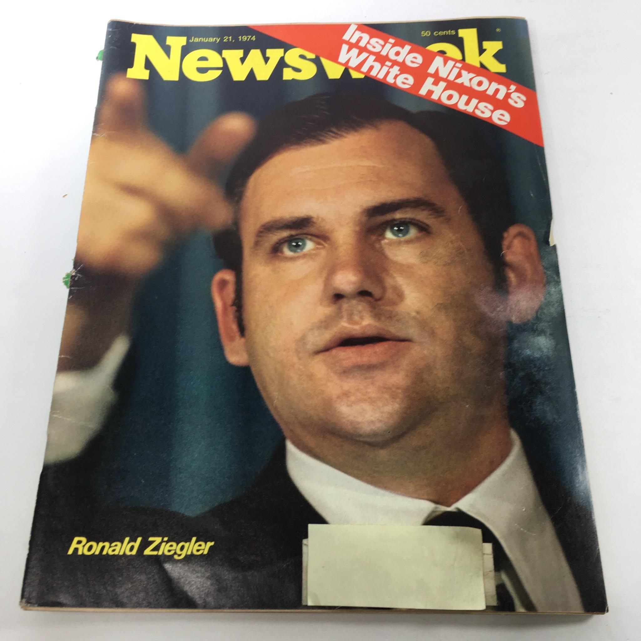 Cover of Newsweek Magazine from January 21, 1974 featuring Ronald Ziegler, with a headline stating 'Inside Nixon's White House'. The magazine showcases Ziegler's expression, conveying a pivotal moment in American political history.