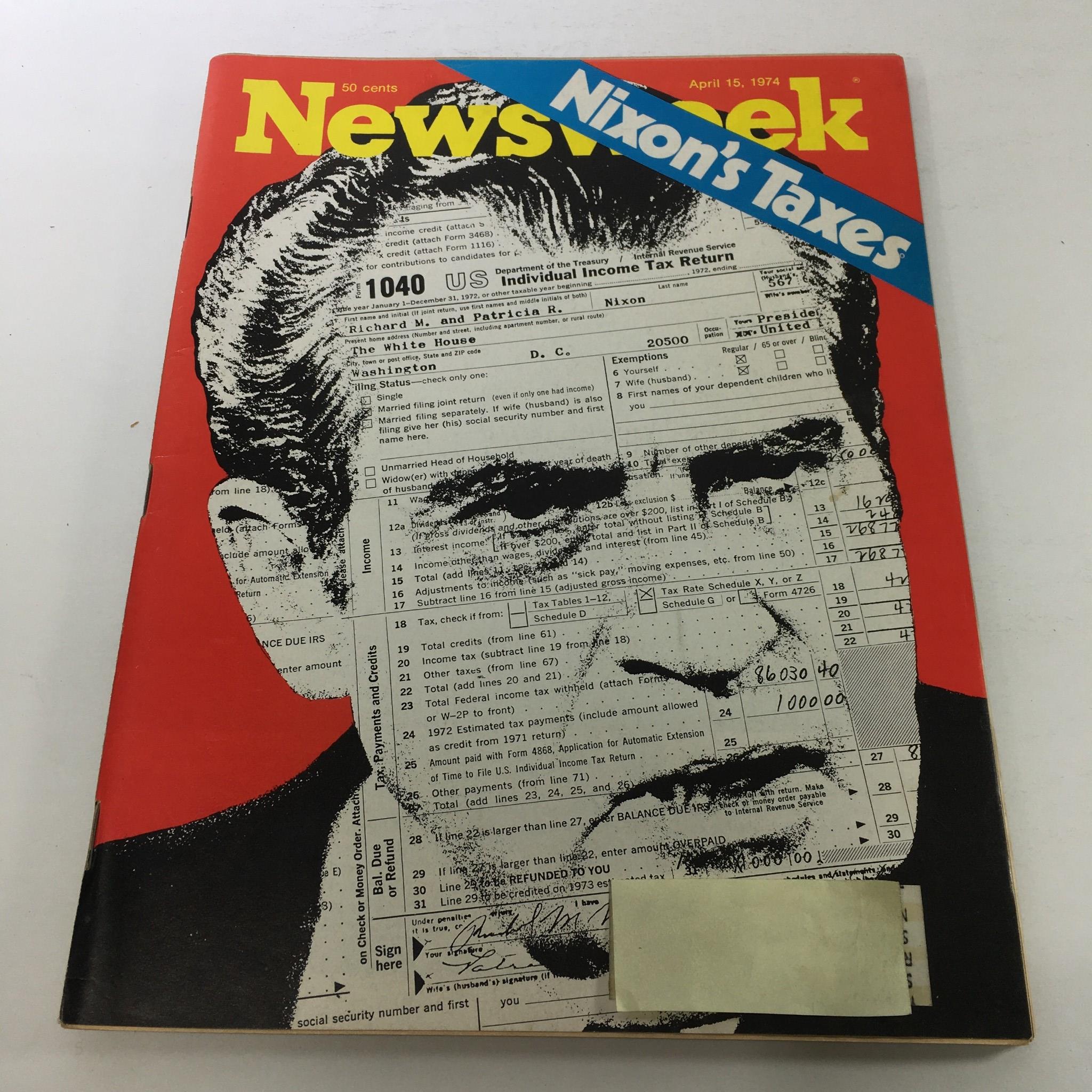 Cover of Newsweek Magazine dated April 15, 1974, featuring a prominent image of Richard Nixon alongside his tax return documents. The cover story focuses on Nixon's Taxes, making this a historic collectible edition.