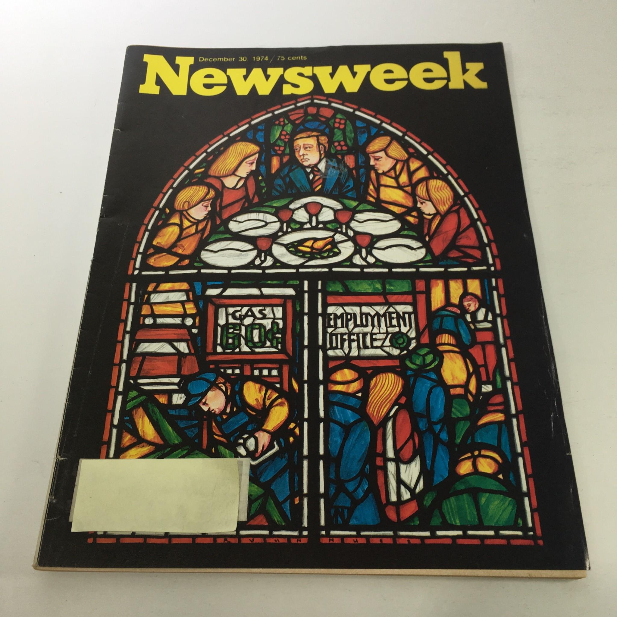 Cover of Newsweek Magazine from December 30, 1974, featuring vibrant stained glass art depicting a festive dining scene, capturing the essence of Christmas 1974.