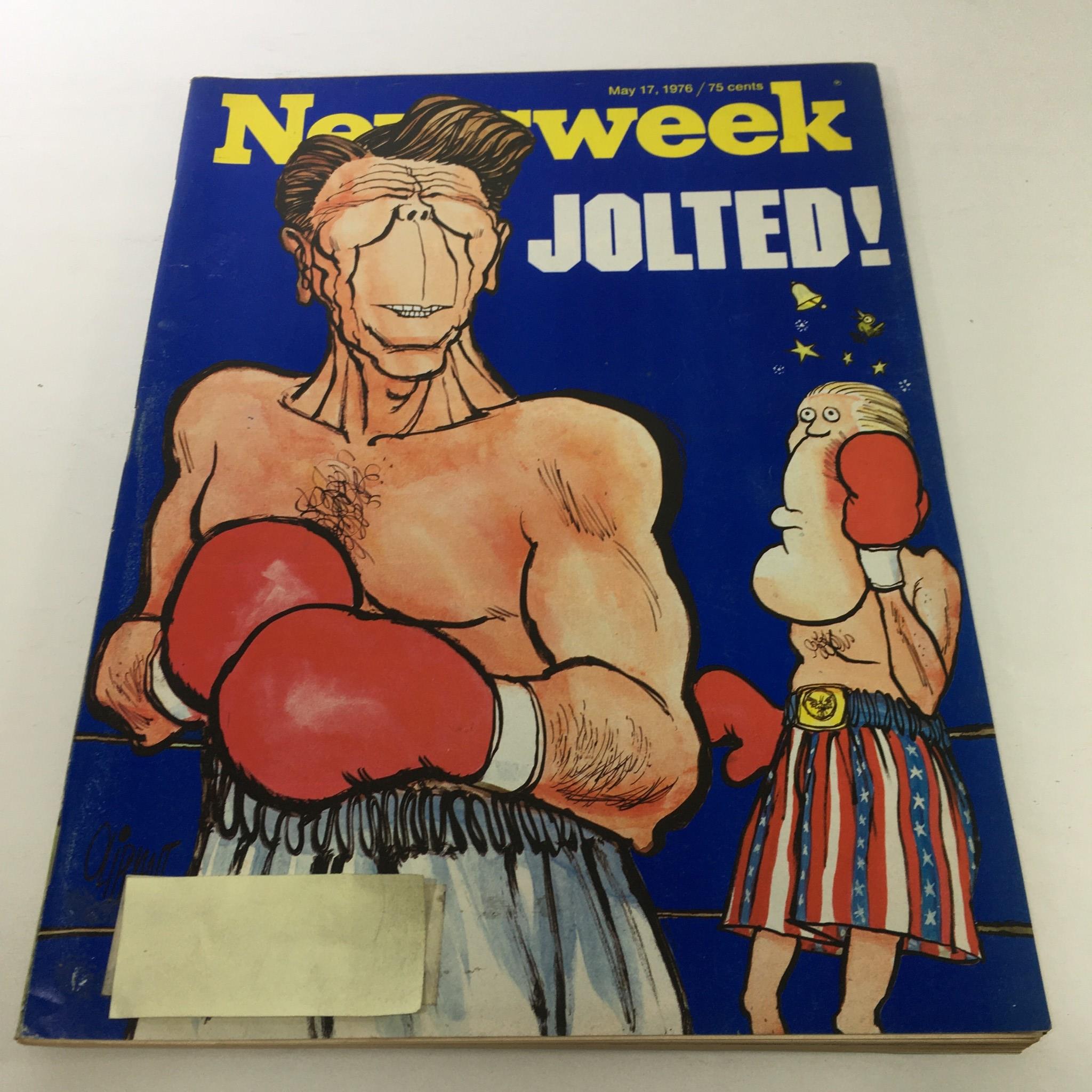 Vintage Newsweek Magazine cover from May 17, 1976, titled 'Jolted!', featuring a cartoon illustration of two boxers in the ring, showcasing historical satire of political figures from the 1970s.