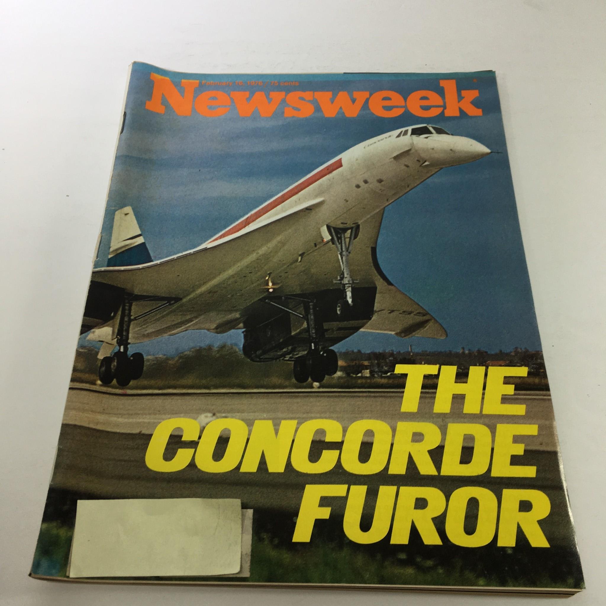 Vintage Newsweek Magazine cover from February 16, 1976, featuring a photograph of the Concorde aircraft with the title "The Concorde Furor" prominently displayed.