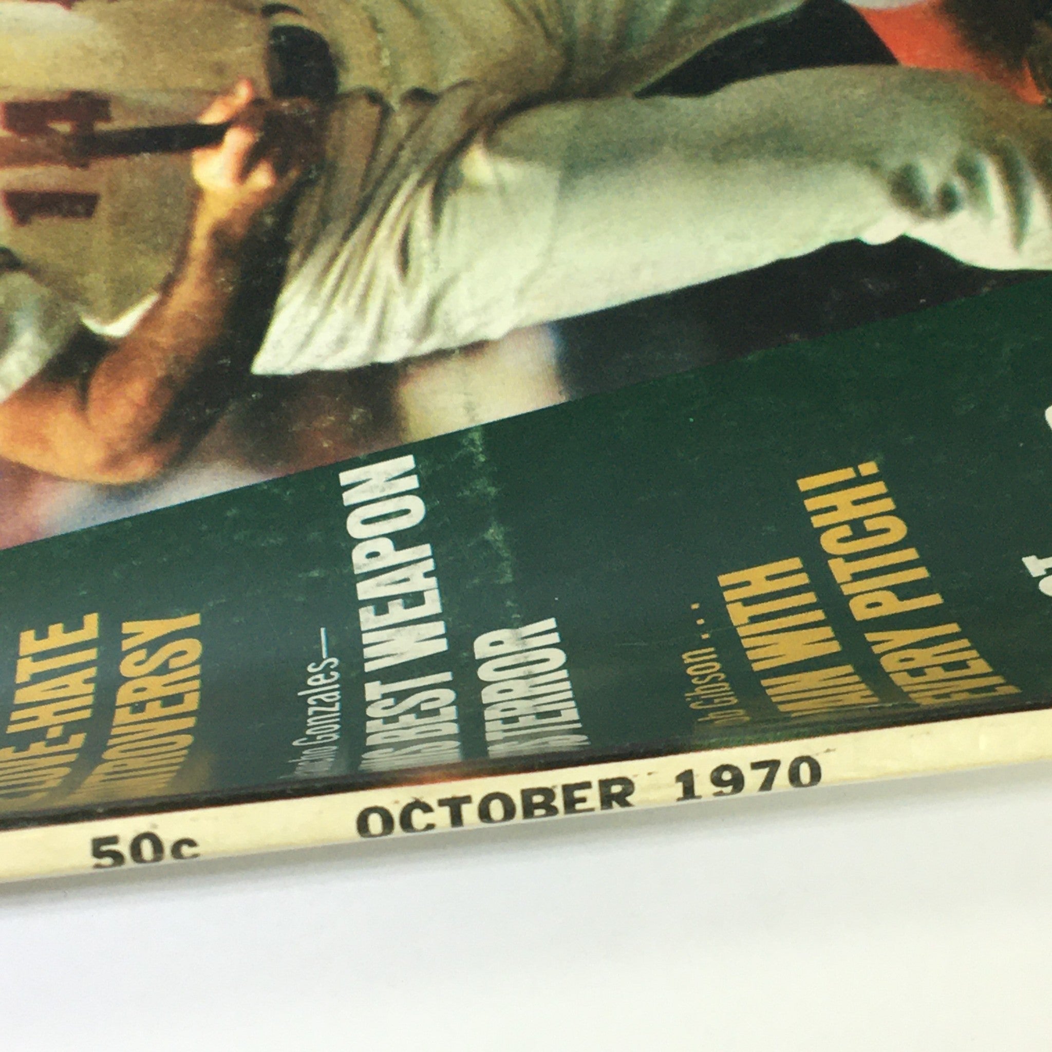 Close-up of the spine and date detail of the VTG Sports Today Magazine October 1970, showcasing the magazine's vintage appeal and historical significance.