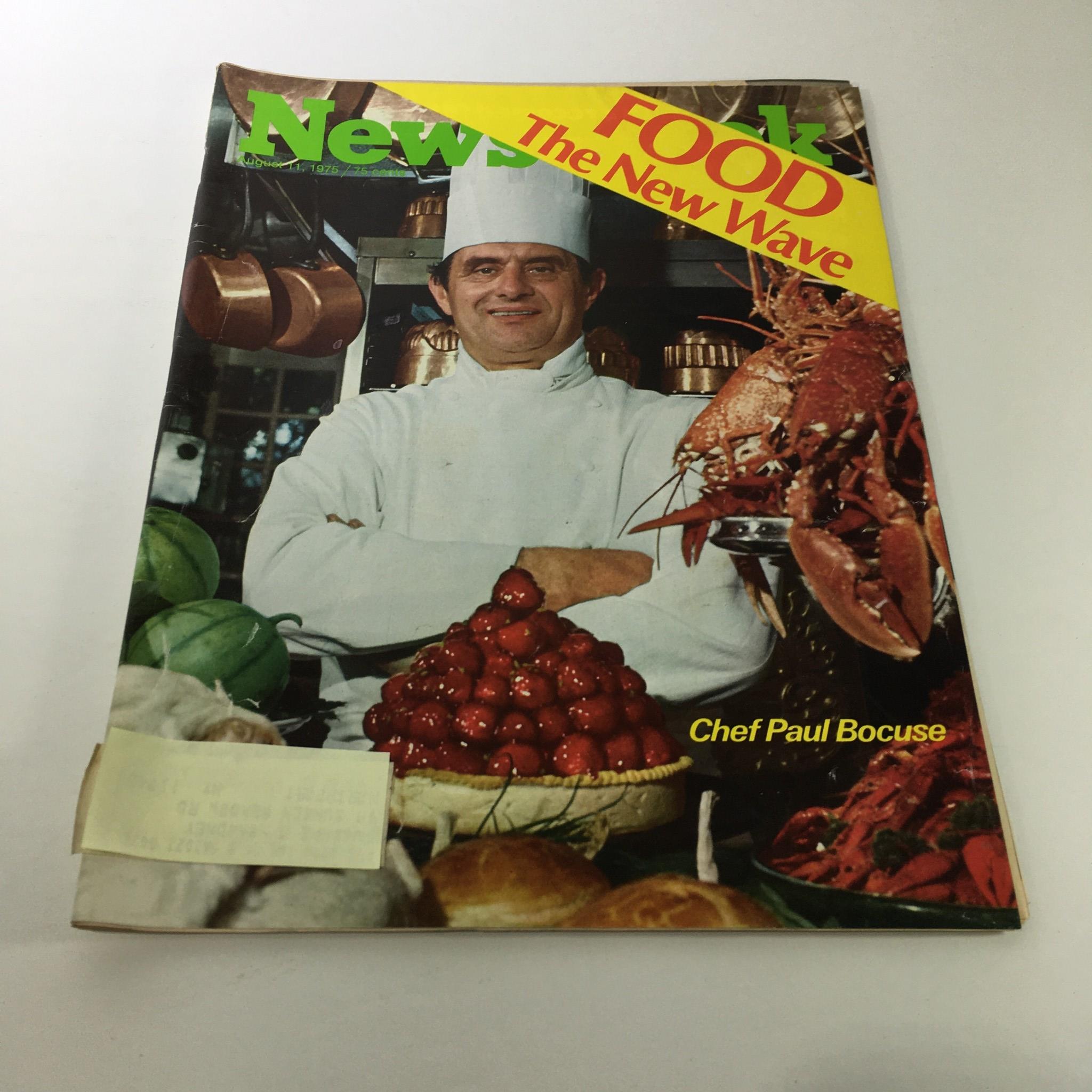Vintage Newsweek Magazine cover from August 11, 1975 featuring Chef Paul Bocuse, showcasing the 'Food The New Wave' movement with seafood and fruits.