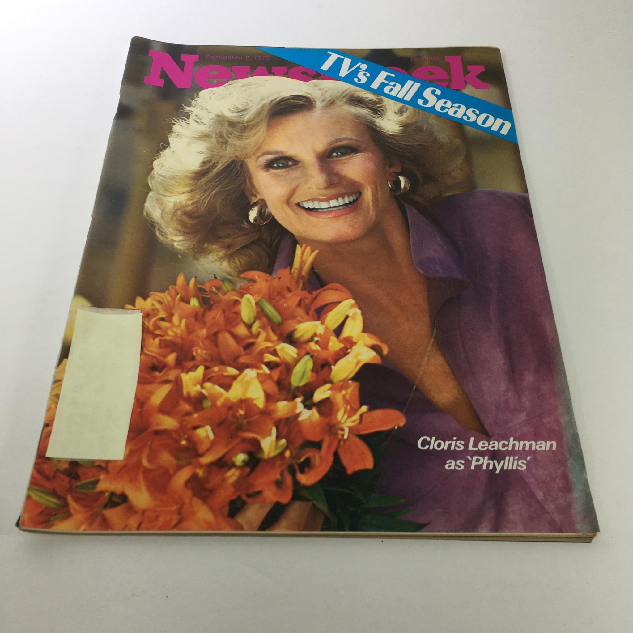 Vintage Newsweek Magazine cover from September 8, 1975, featuring Cloris Leachman as 'Phyllis', showcasing her smiling portrait with vibrant orange flowers, representing the charm of early 70s television.
