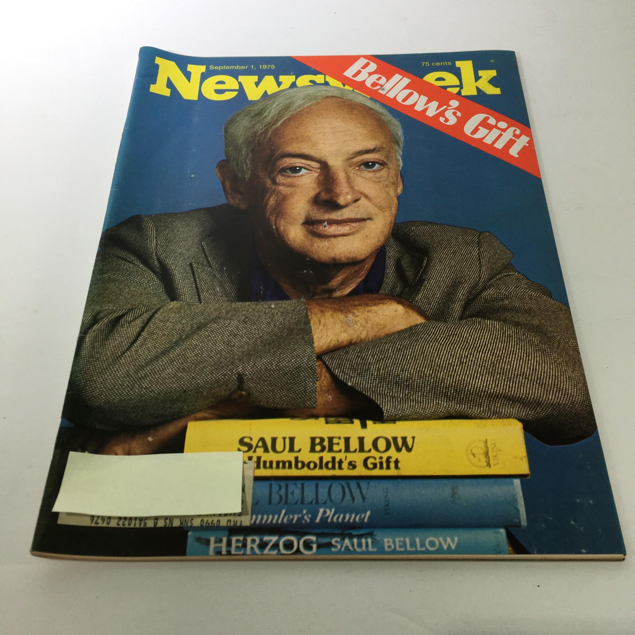 Cover of VTG Newsweek Magazine from September 1, 1975 featuring the article 'Bellow's Gift' with a portrait of Saul Bellow and his books in the foreground.