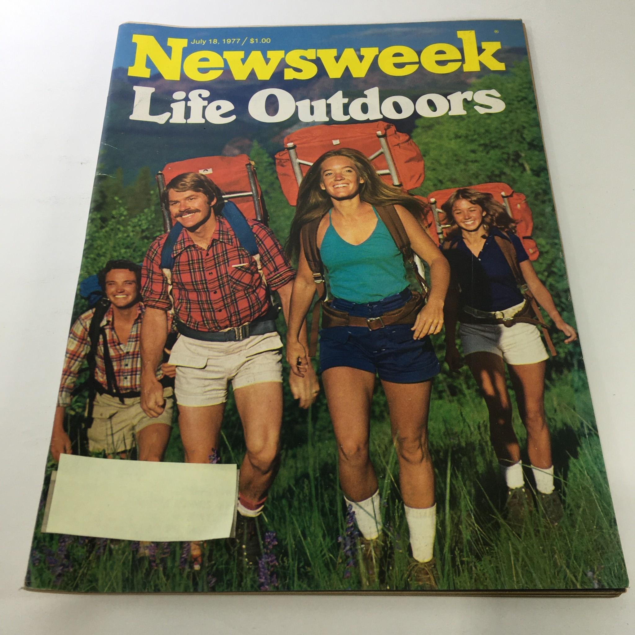 Cover of VTG Newsweek Magazine: July 18 1977 - Life Outdoors featuring four hikers with backpacks in a lush green landscape.