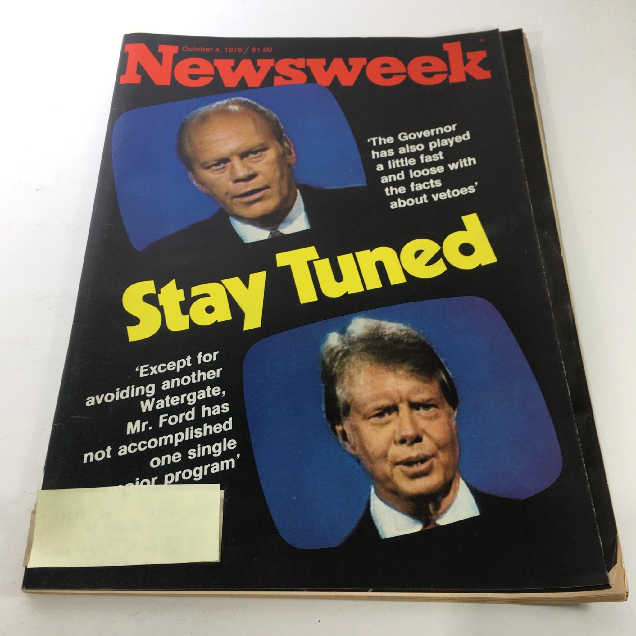 VTG Newsweek Magazine from October 4, 1976, featuring the headline 'Stay Tuned,' showcasing images of Gerald Ford and Jimmy Carter, reflecting the political climate of the mid-1970s.