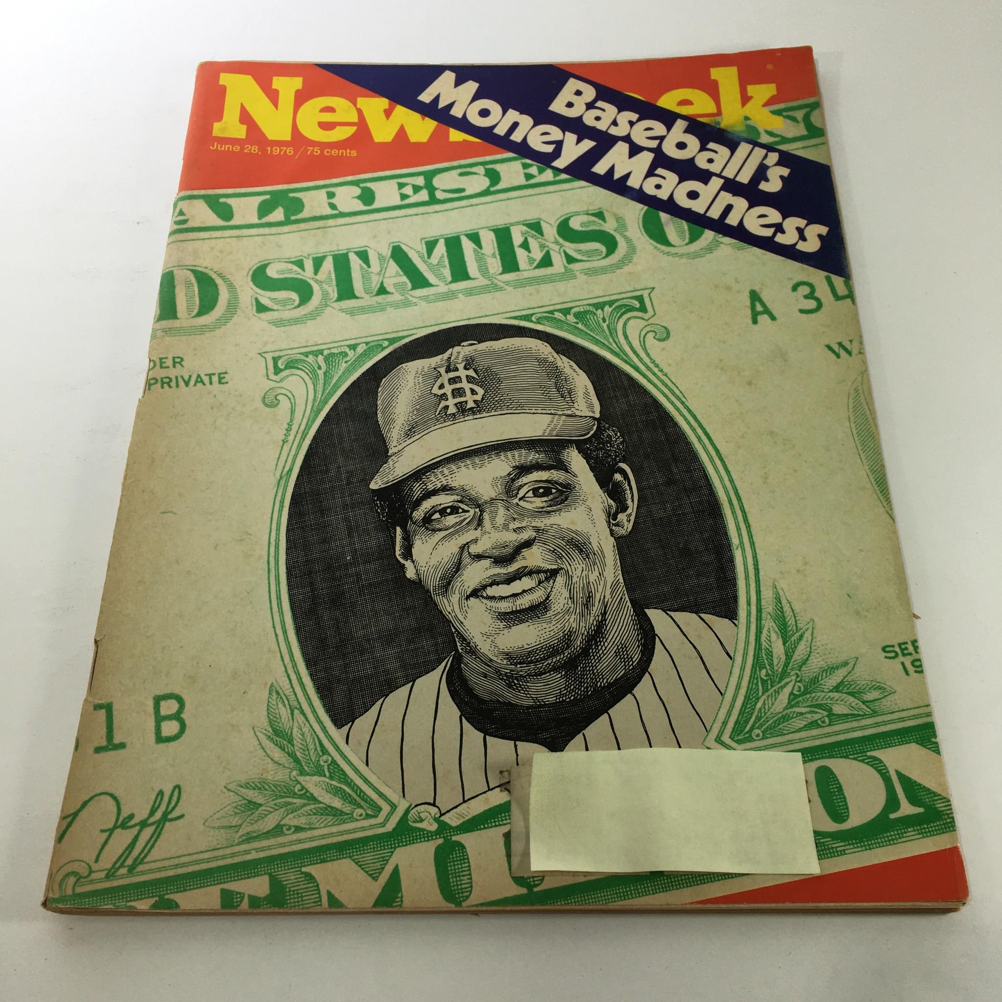 Cover of Newsweek Magazine dated June 28, 1976, featuring the headline 'Baseball's Money Madness' with an illustration of a baseball player and a dollar bill background.