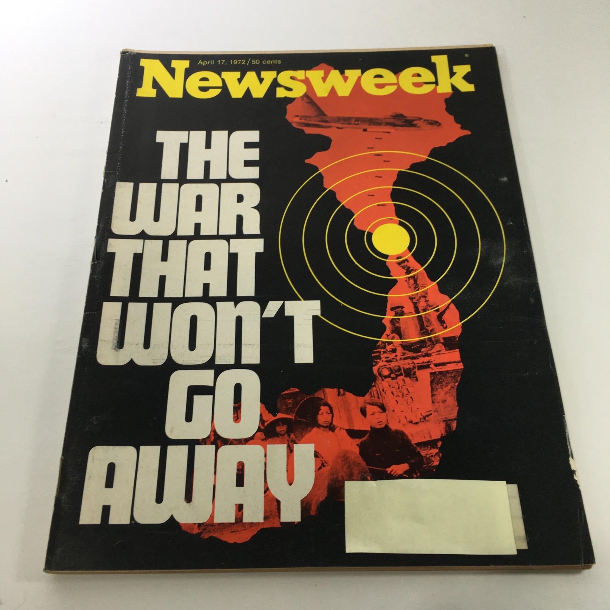 Cover of Newsweek Magazine from April 17, 1972, featuring a striking graphic representation of the Vietnam War with the title 'The War That Won't Go Away,' depicting American soldiers and civilian impact.